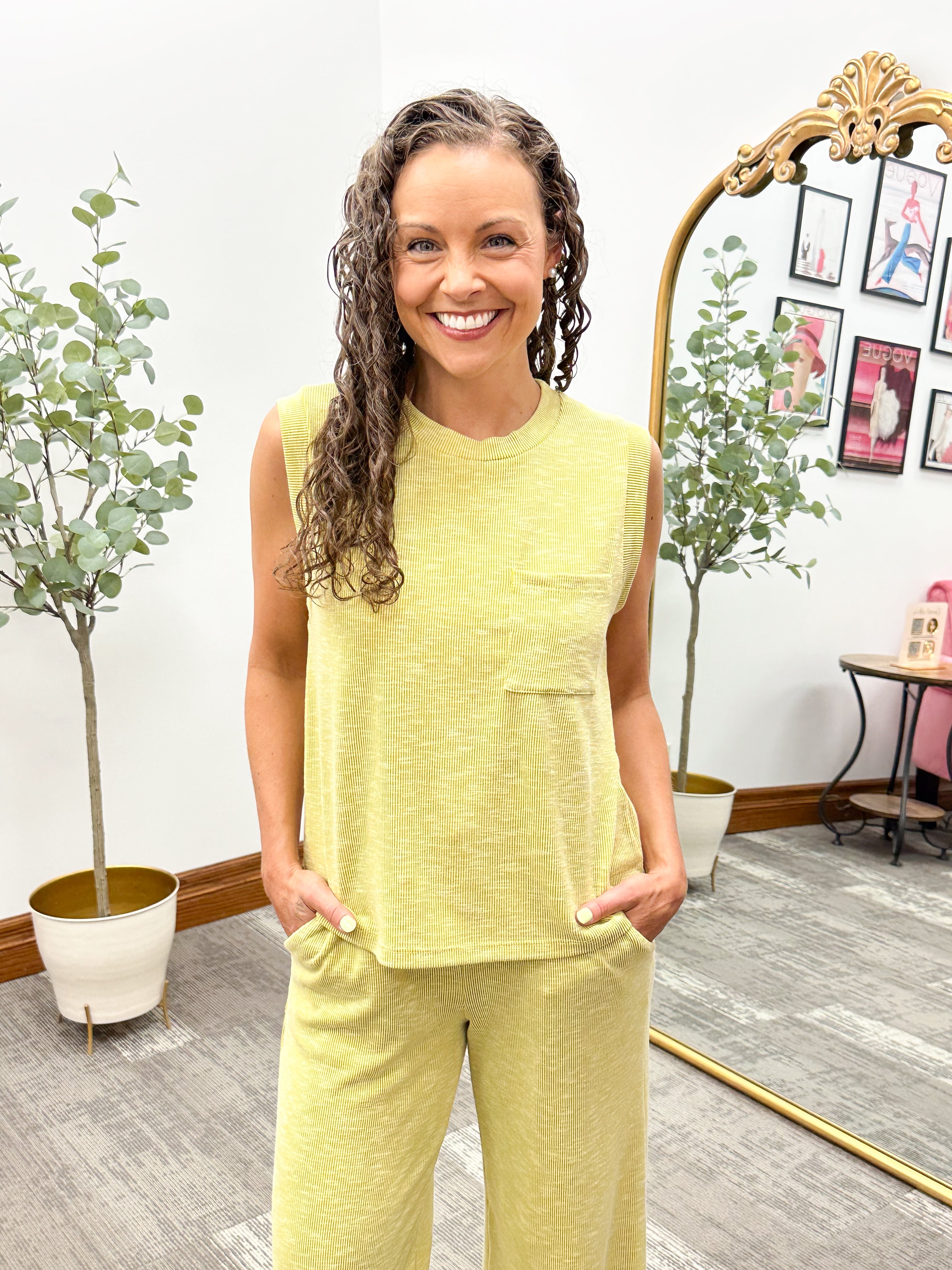 Ribbed matching set, cute tank top, ribbed tank top, chartreuse tank top