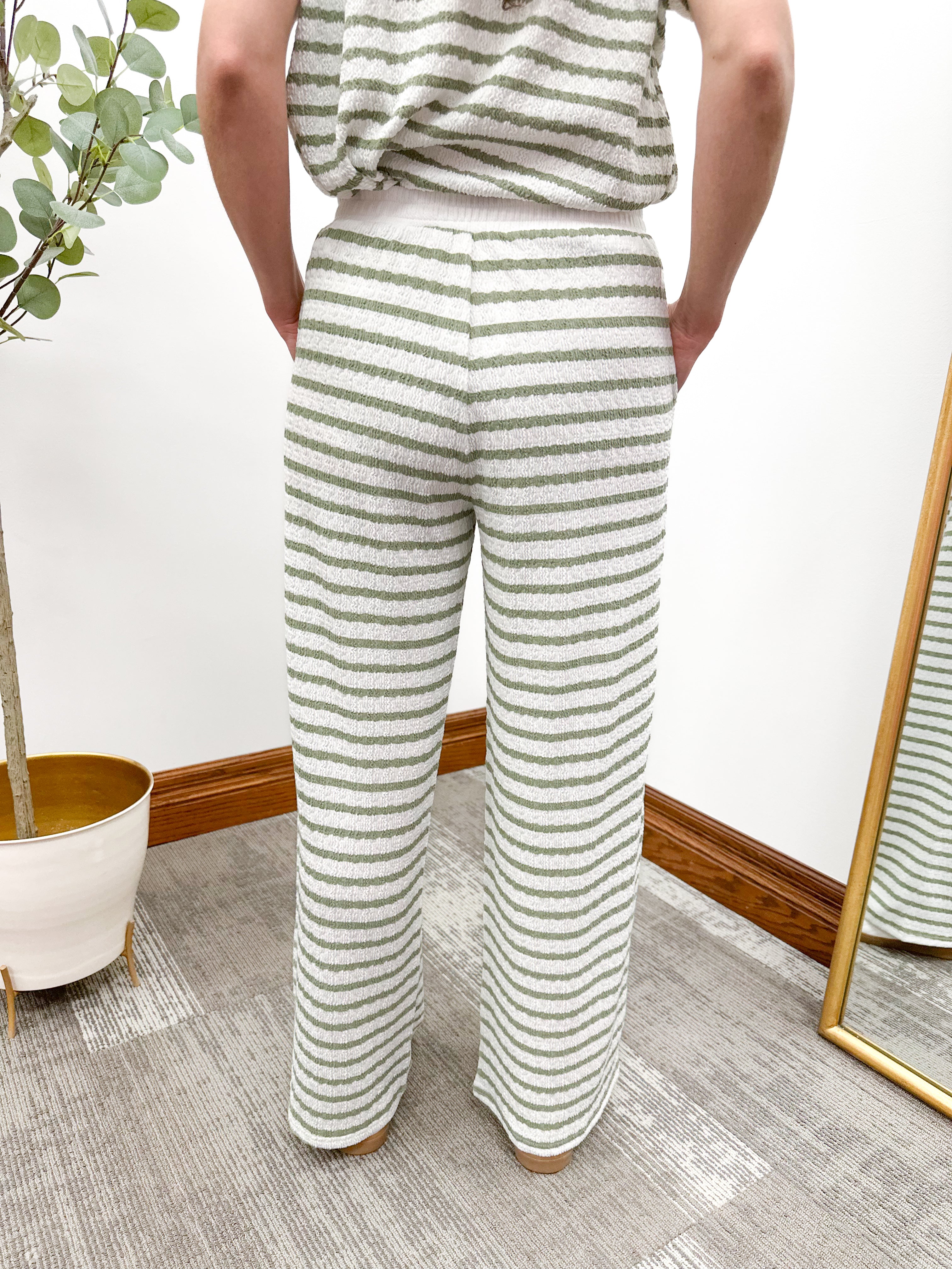 Olive Textured Striped Pants