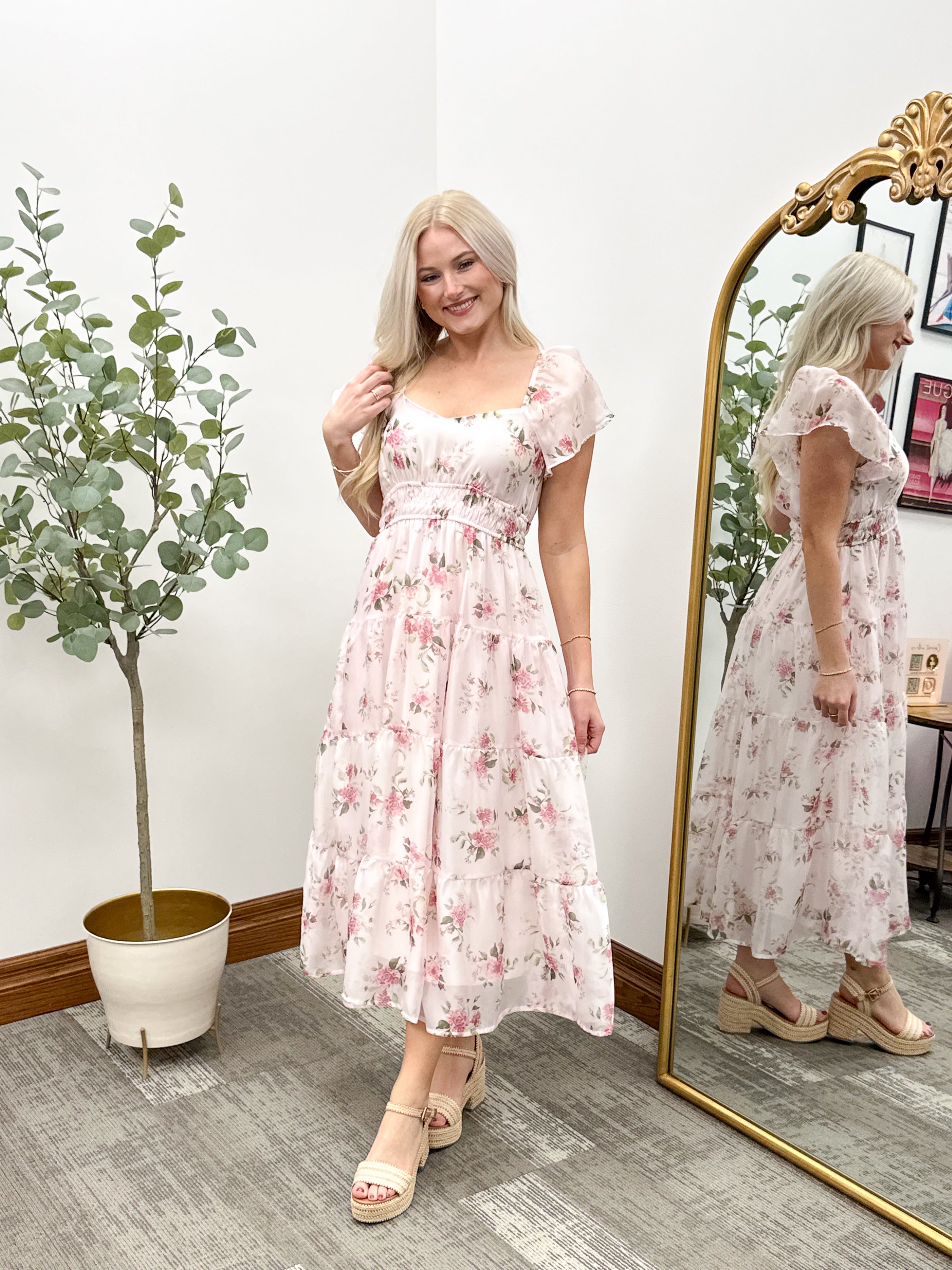 Pink Floral Midi Dress, Floral Dress With Sleeves, Wedding guest dress, pink dress, cute long dress