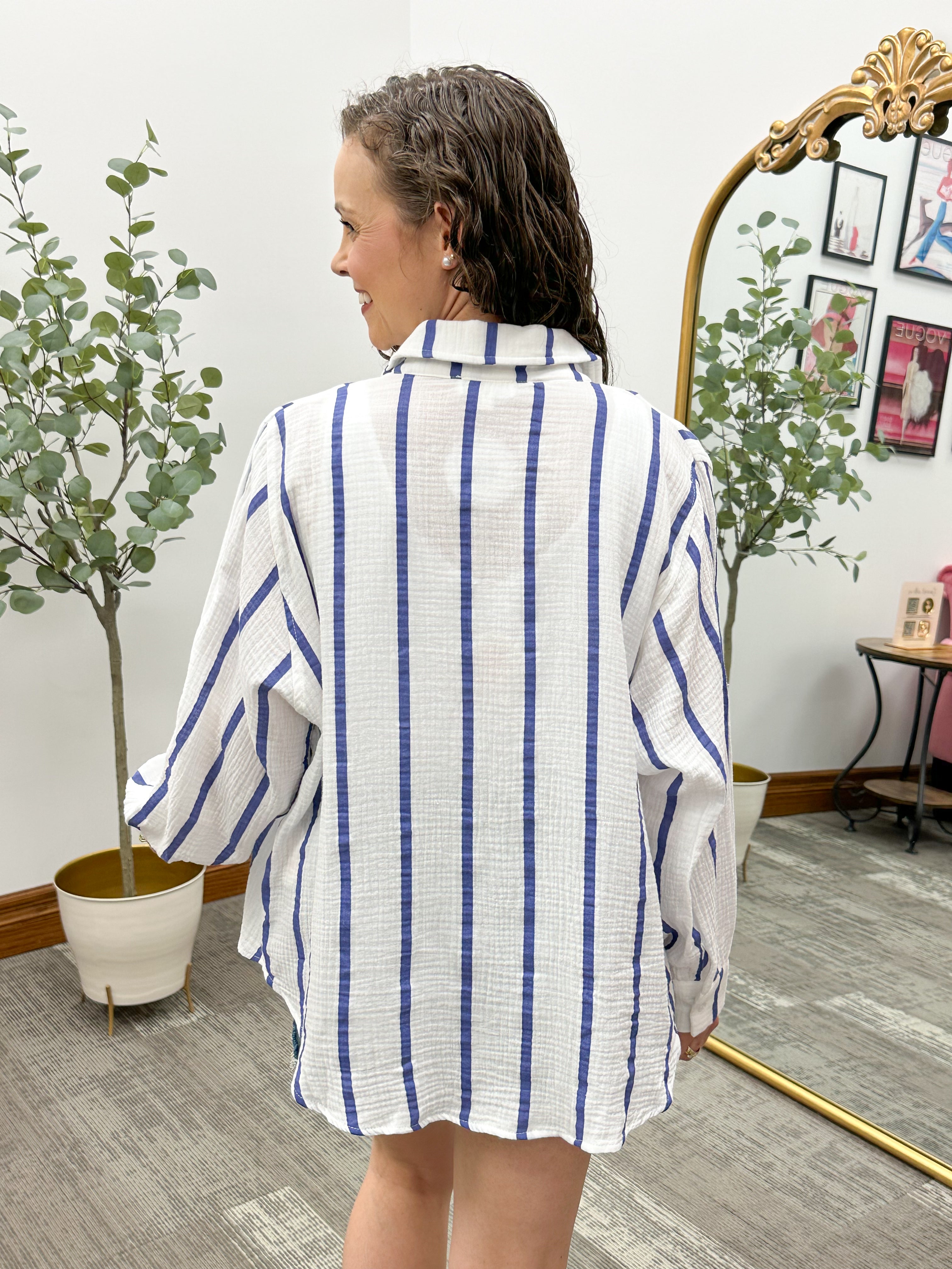 Blue Striped Gauze Button Down Shirt