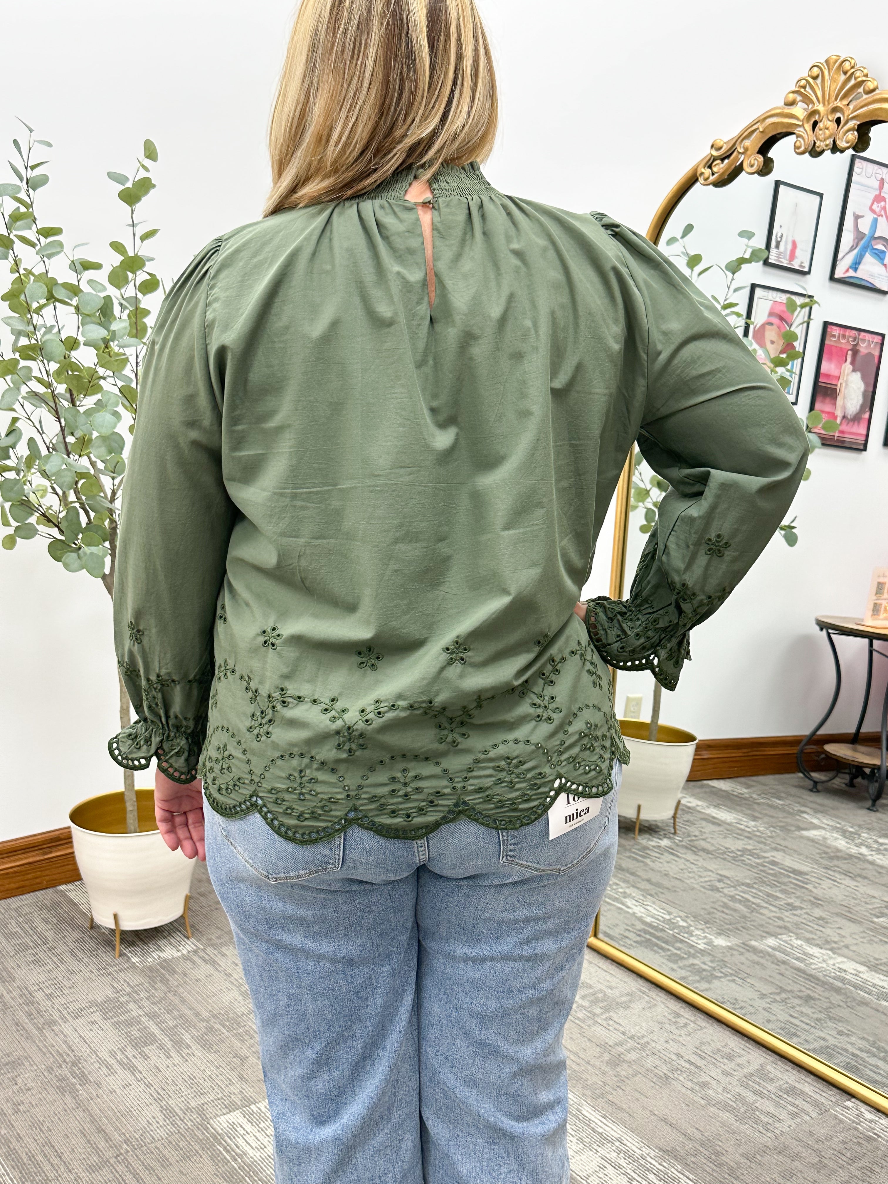 Olive Scallop Hem Eyelet Top