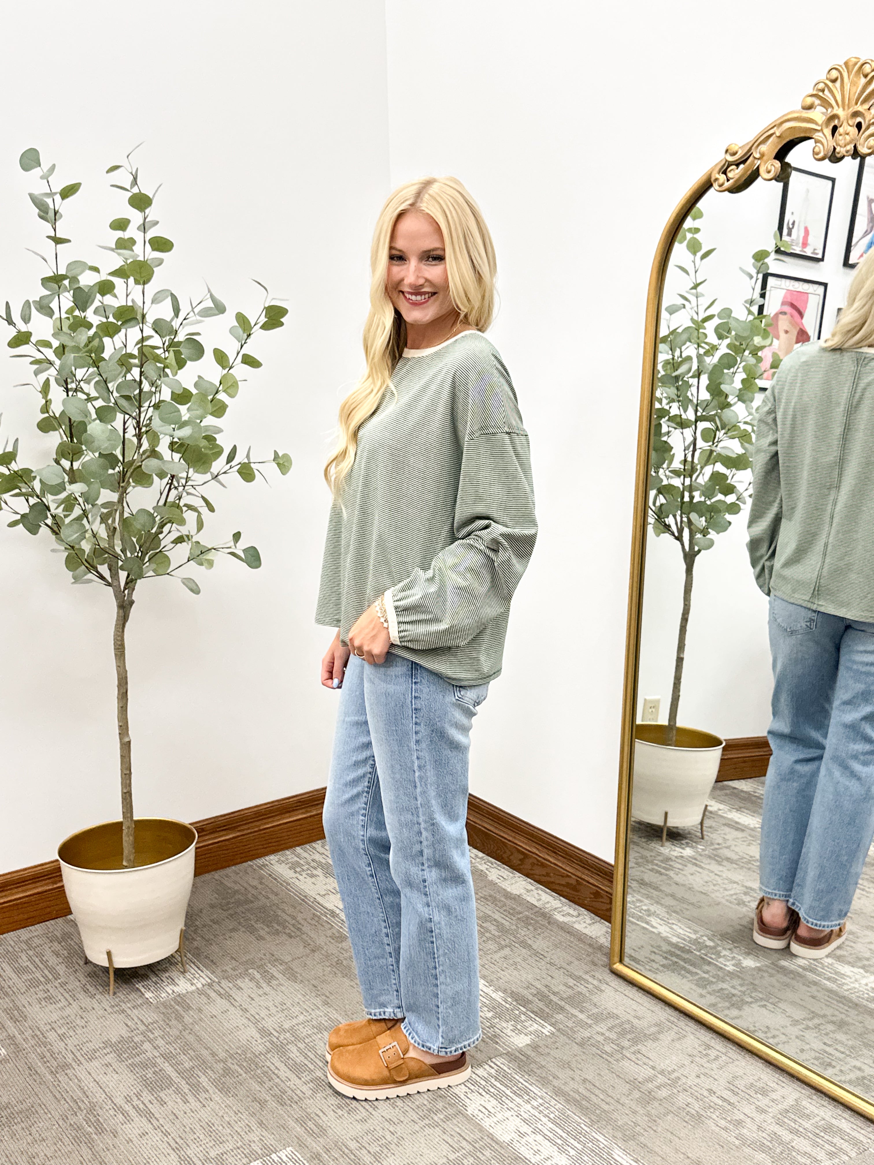 Striped Contrast Trim Long Sleeve Top