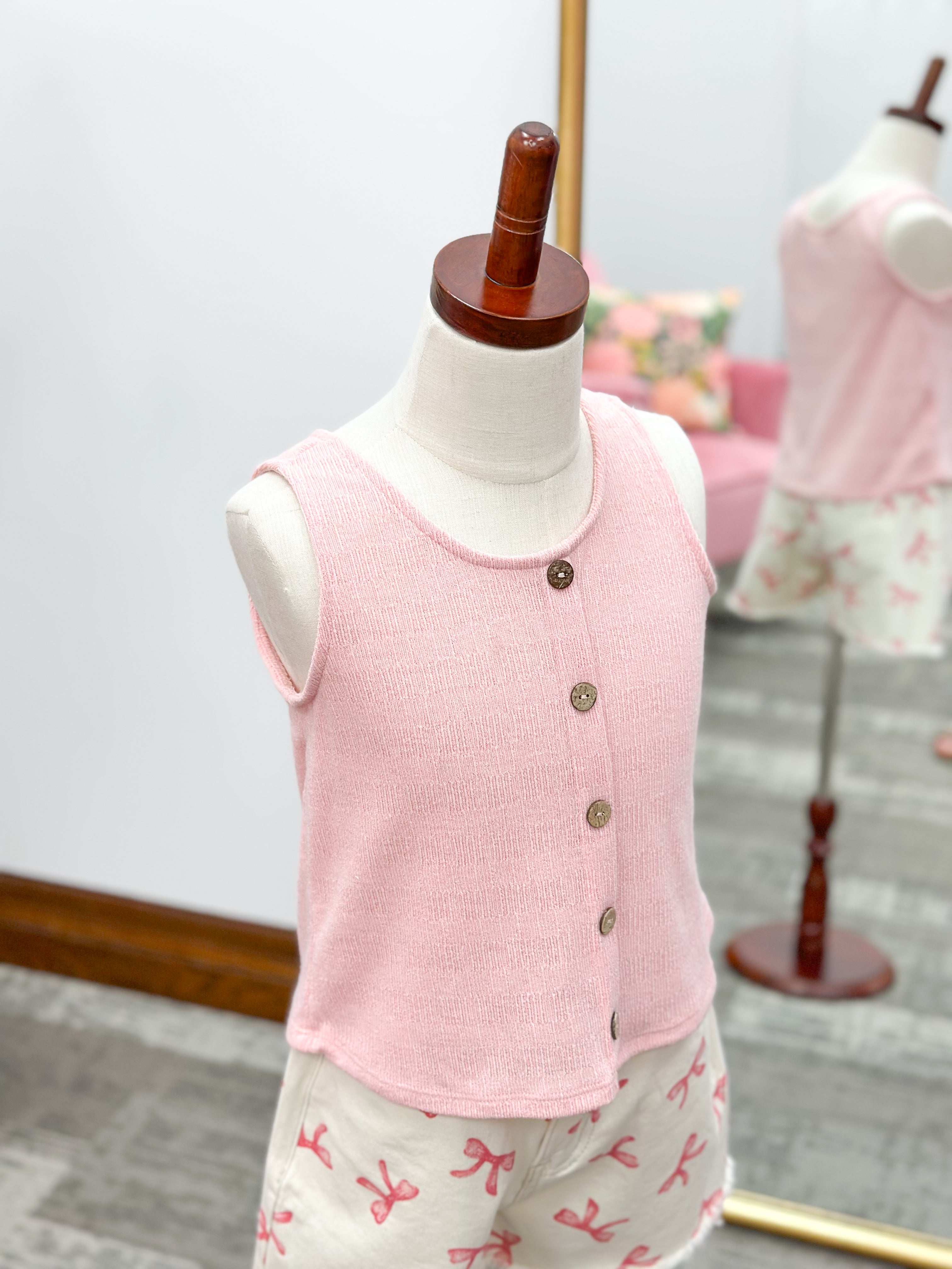 Girls Pink Button Tank Top