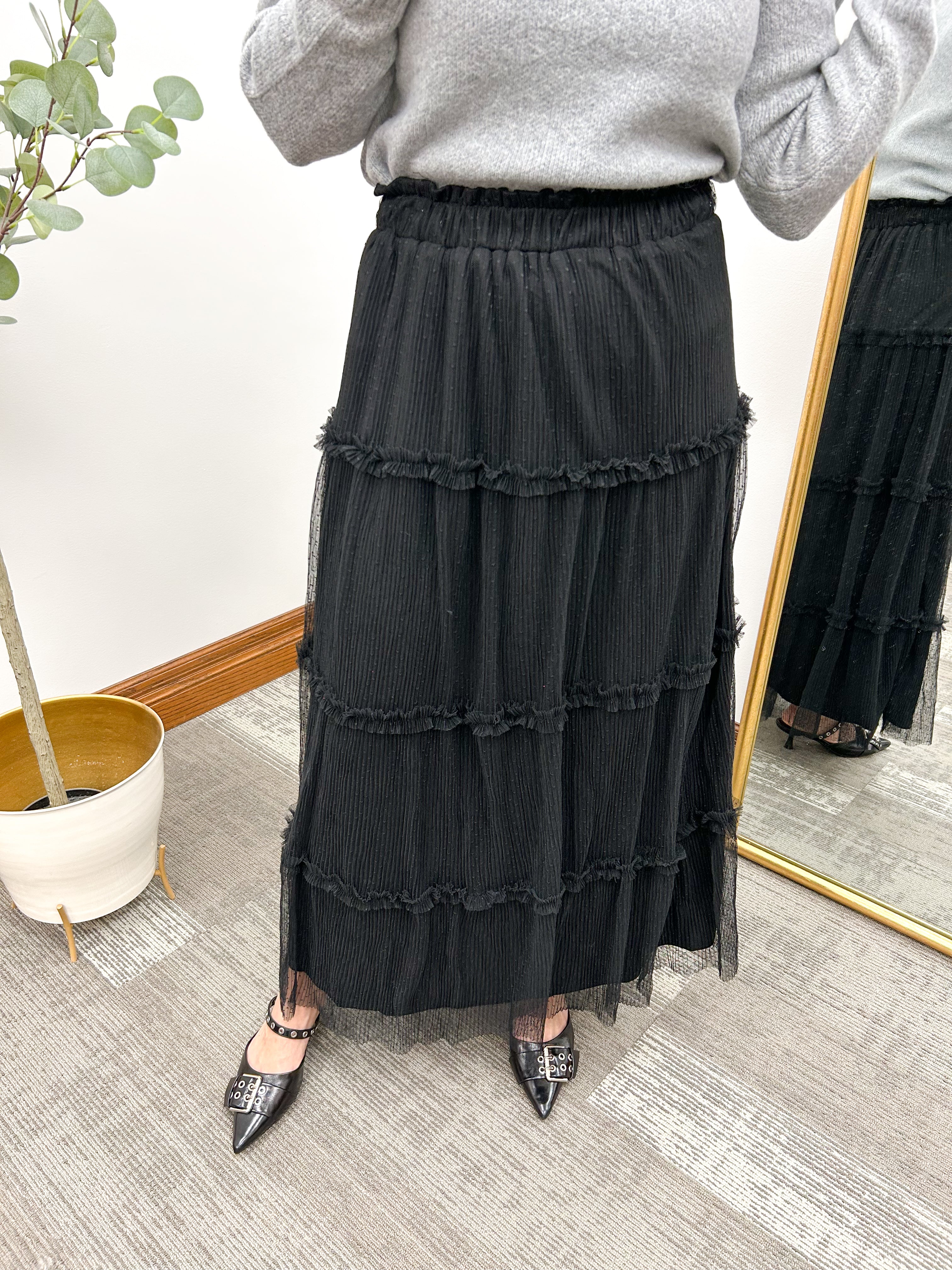 Polka Dot Black Tulle Tiered Midi Skirt