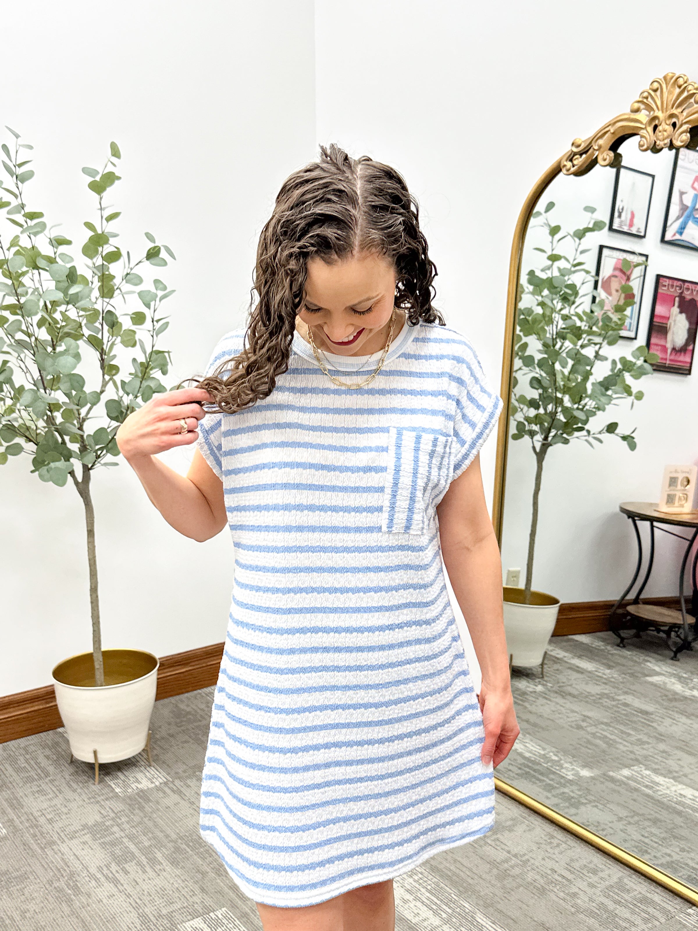 Textured Striped Short Sleeve T-Shirt Dress