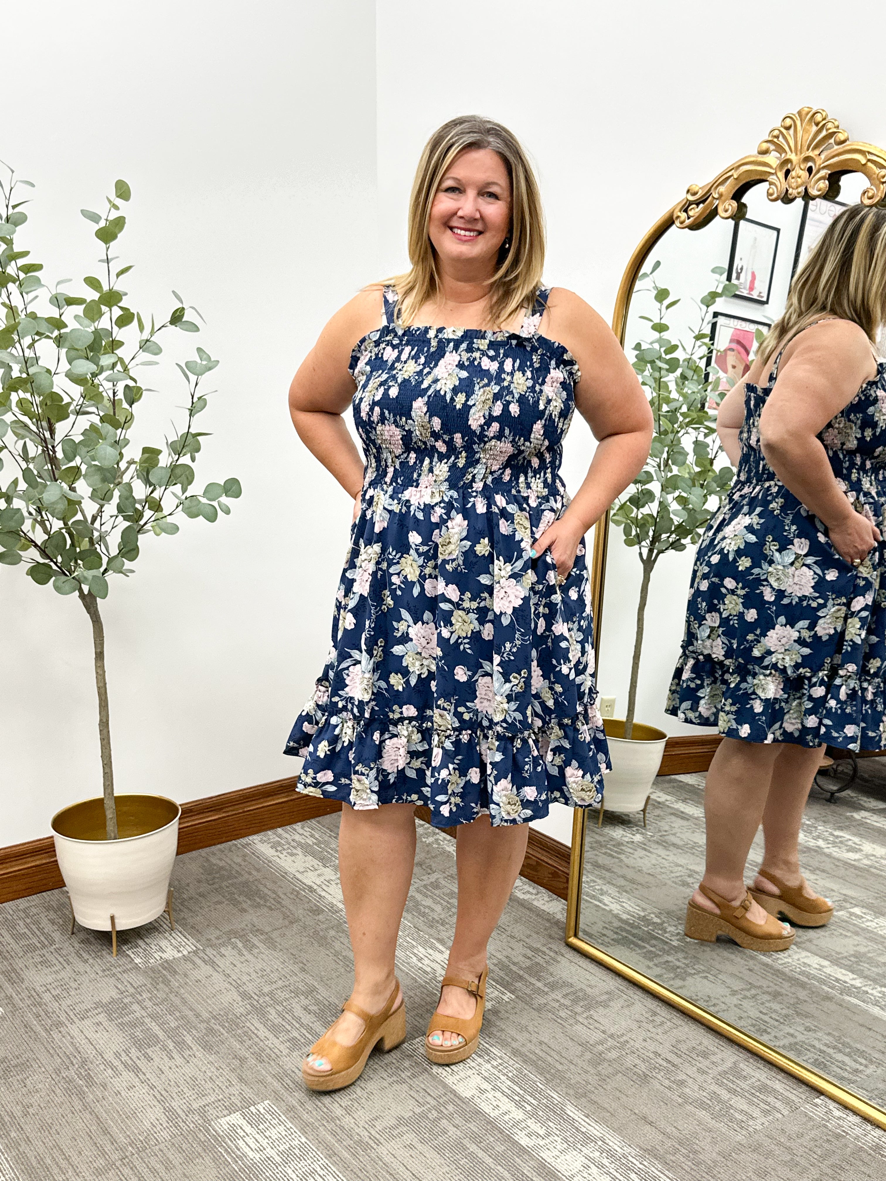 Navy Floral Smocked Dress