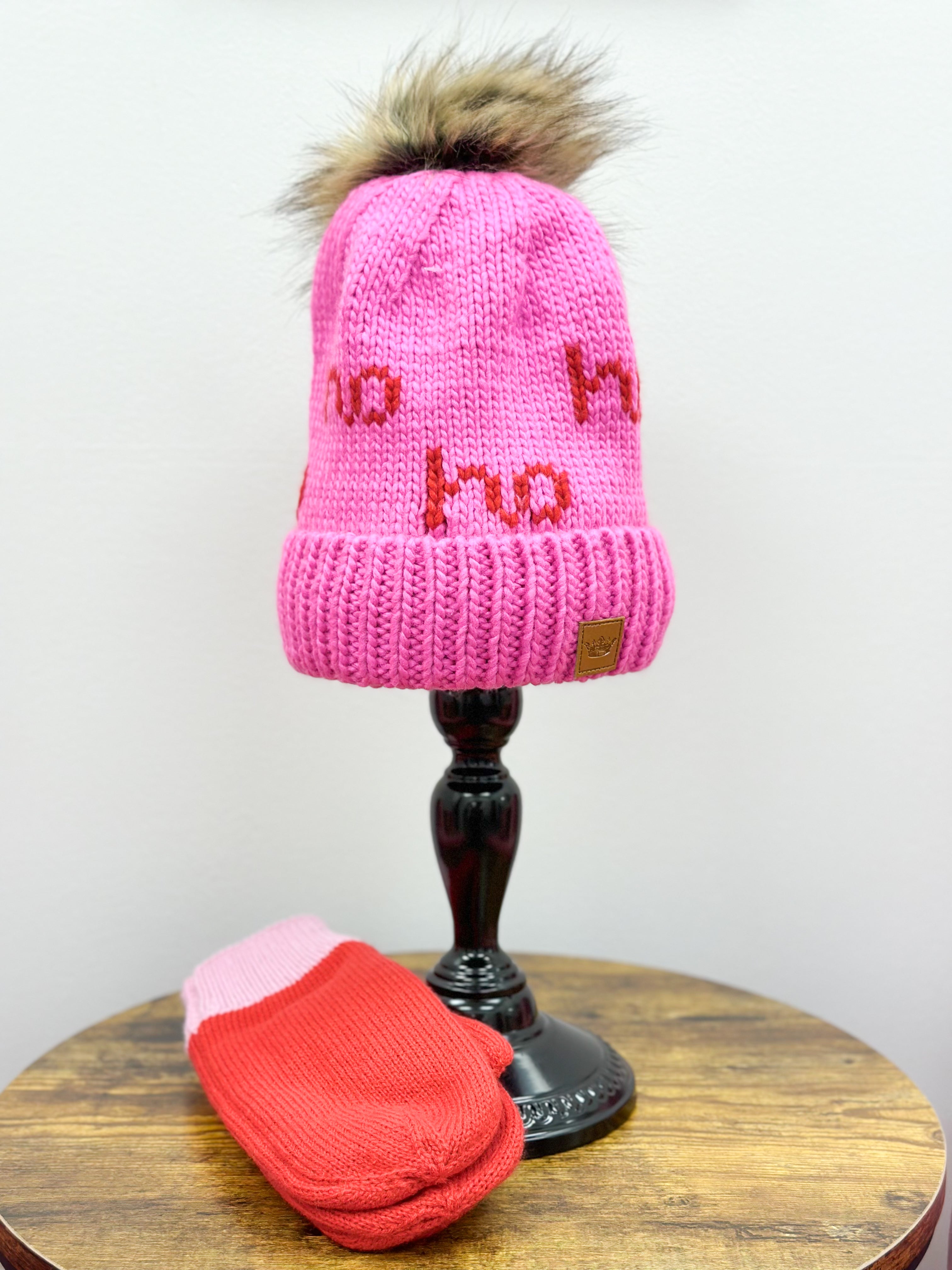 Pink + Red 'Ho Ho Ho' Knit Hat