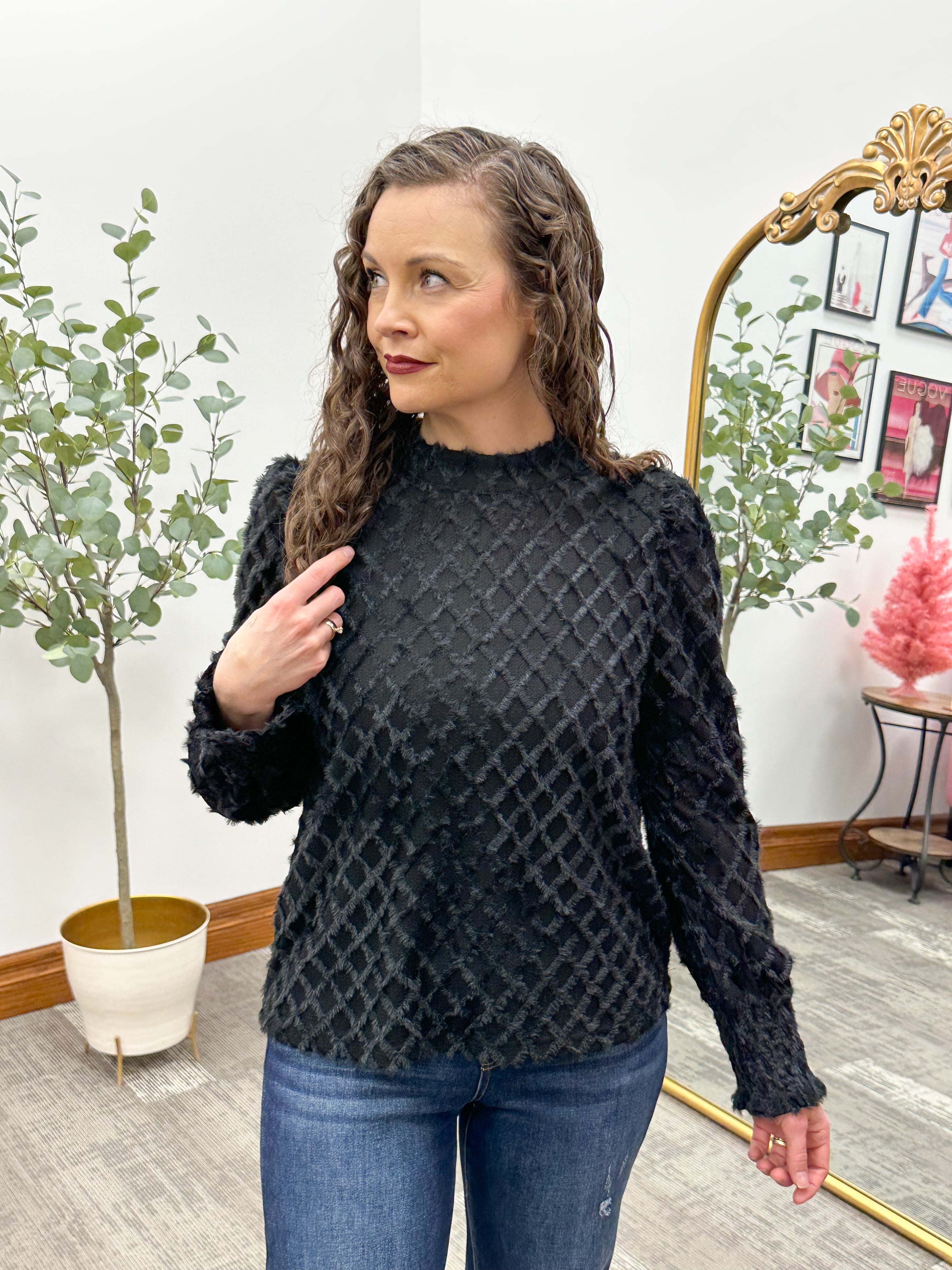 Black Fuzzy Grid Mock Neck Top