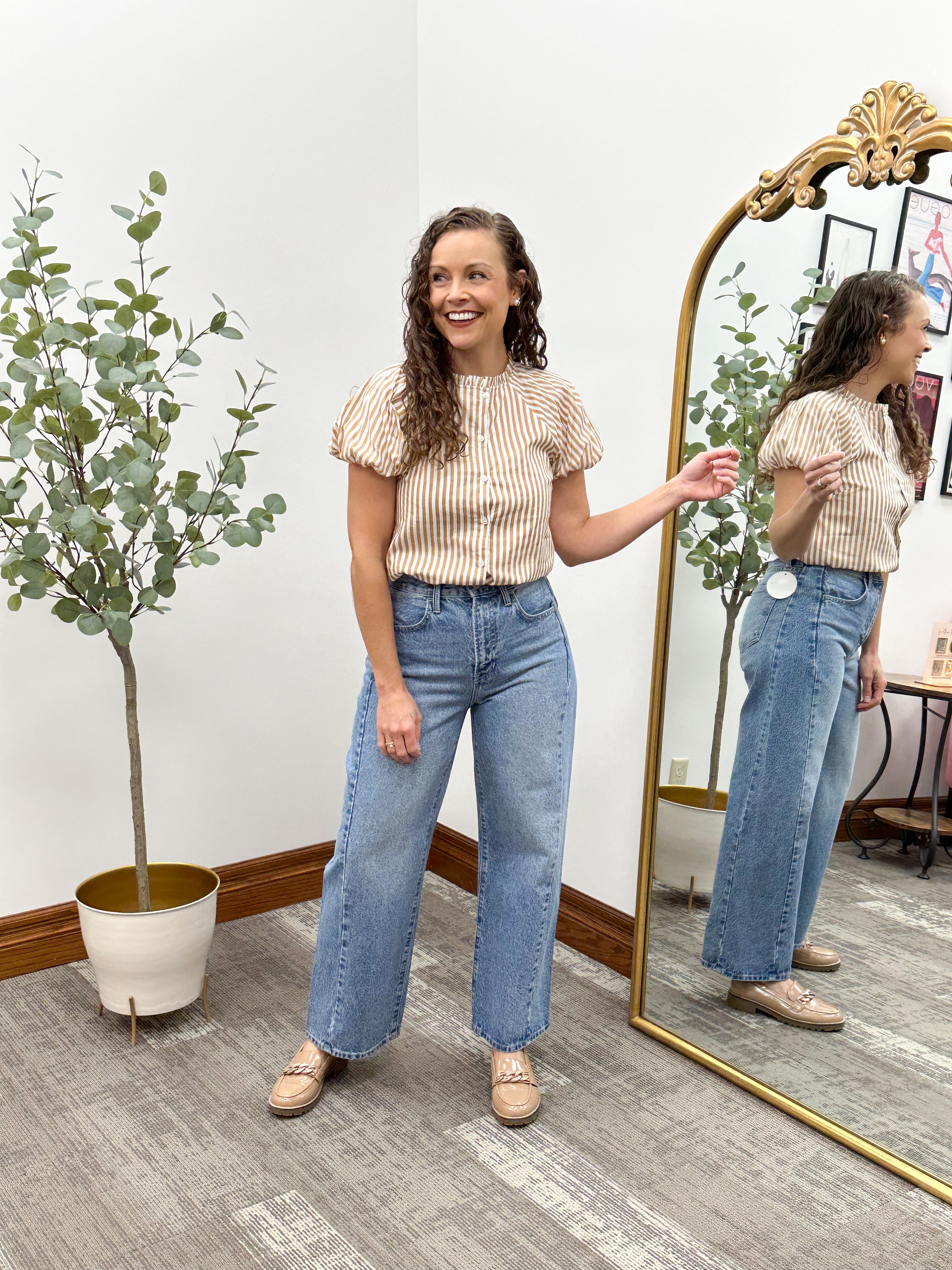 Neutral Striped Puff Sleeve Button Up Top