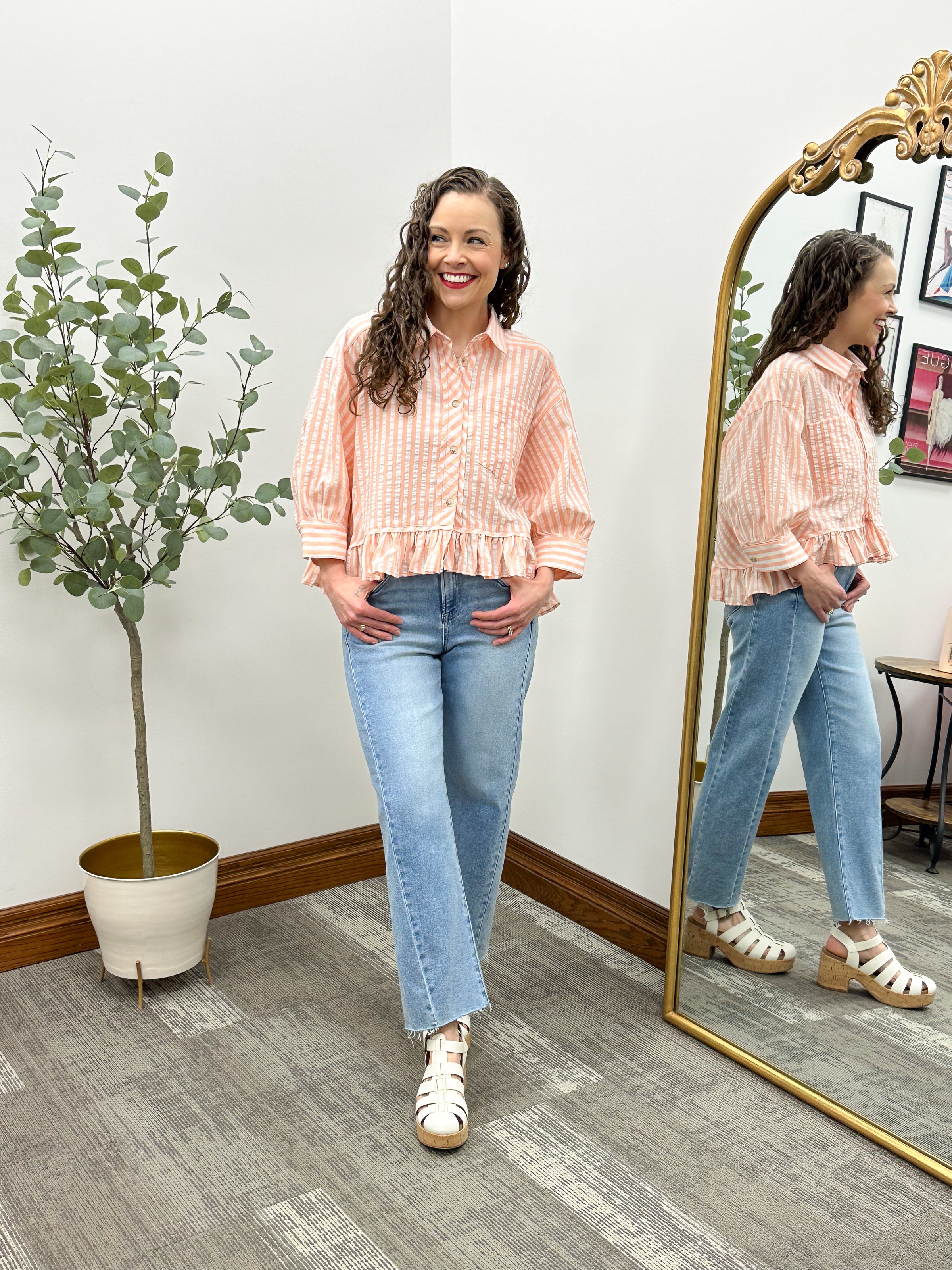 Peach Striped Ruffle Hem Top