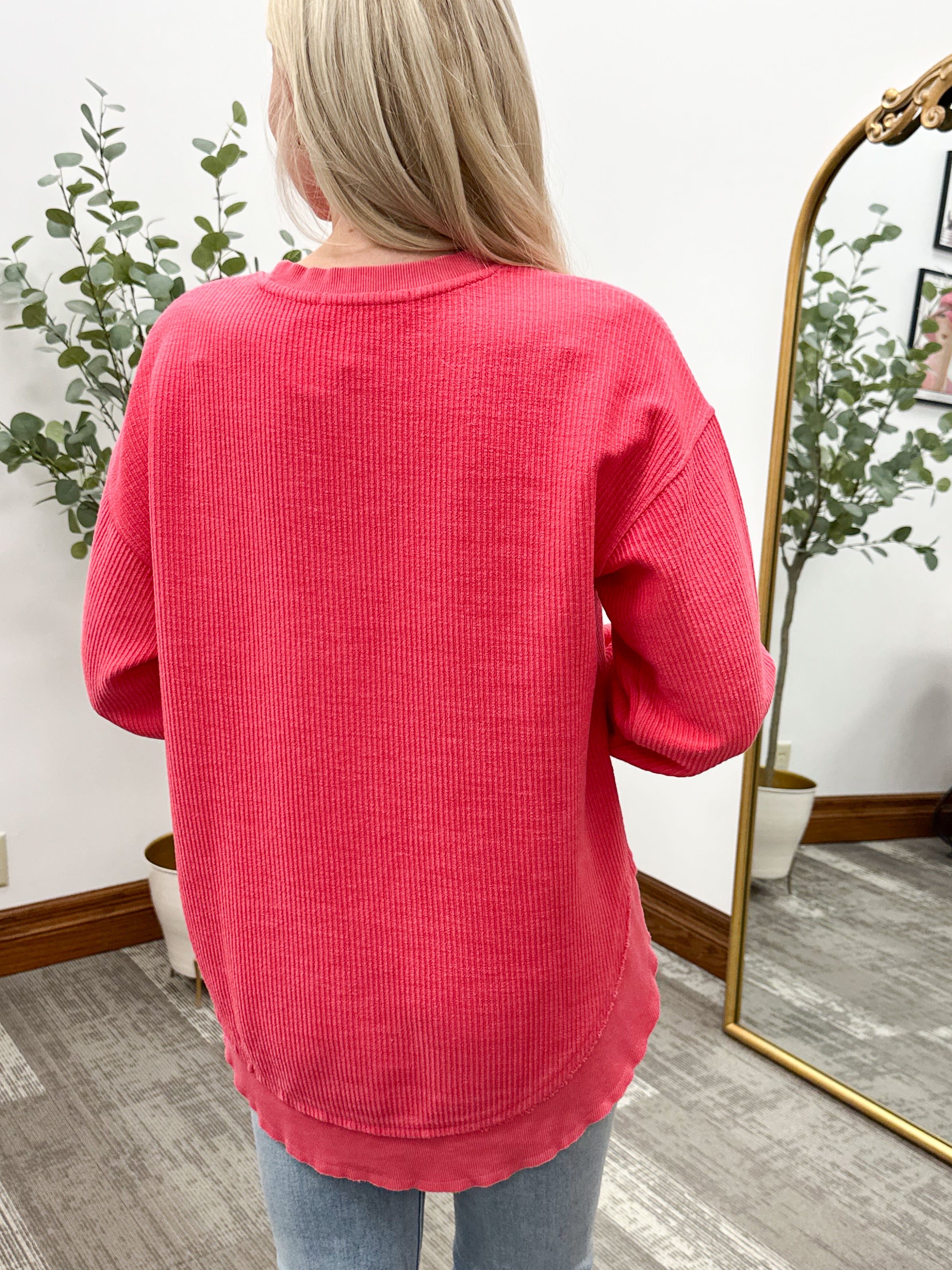 Berry Rounded Hem Corded Crewneck