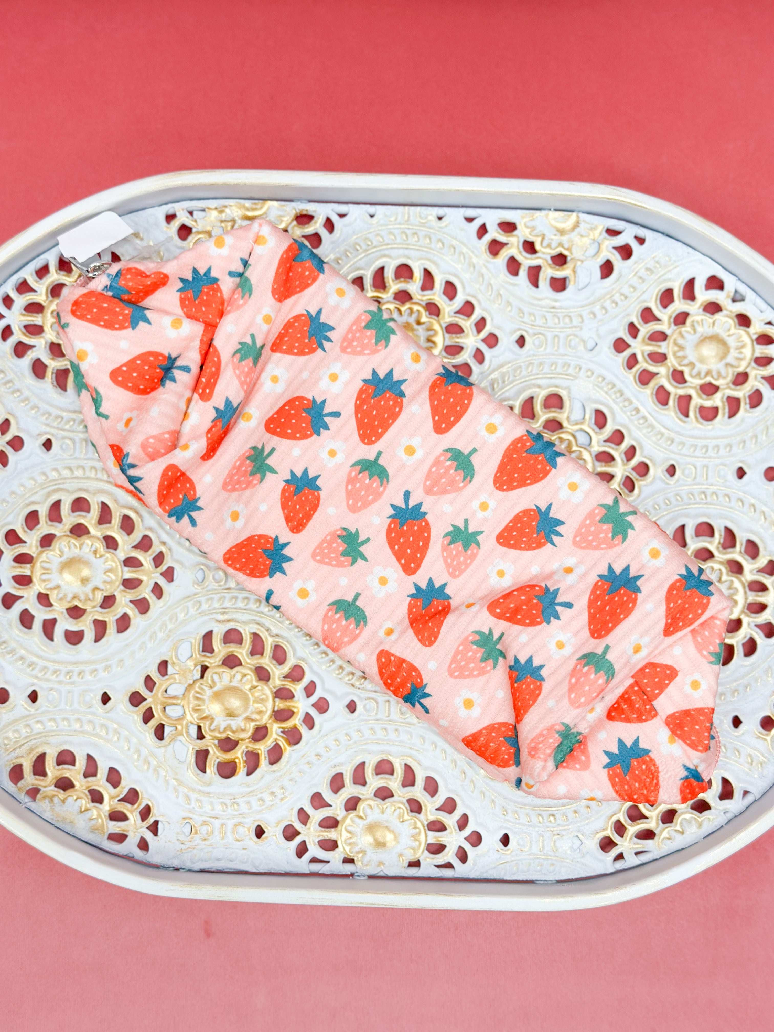 Corduroy strawberry printed cosmetic bag