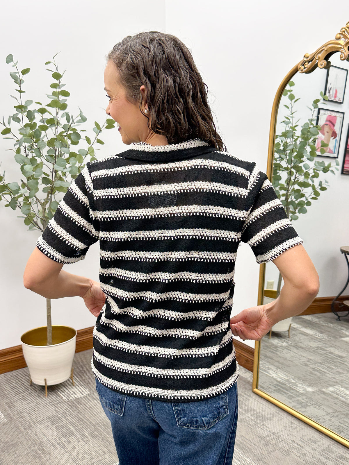 Black & Cream Striped Knit Collared Top
