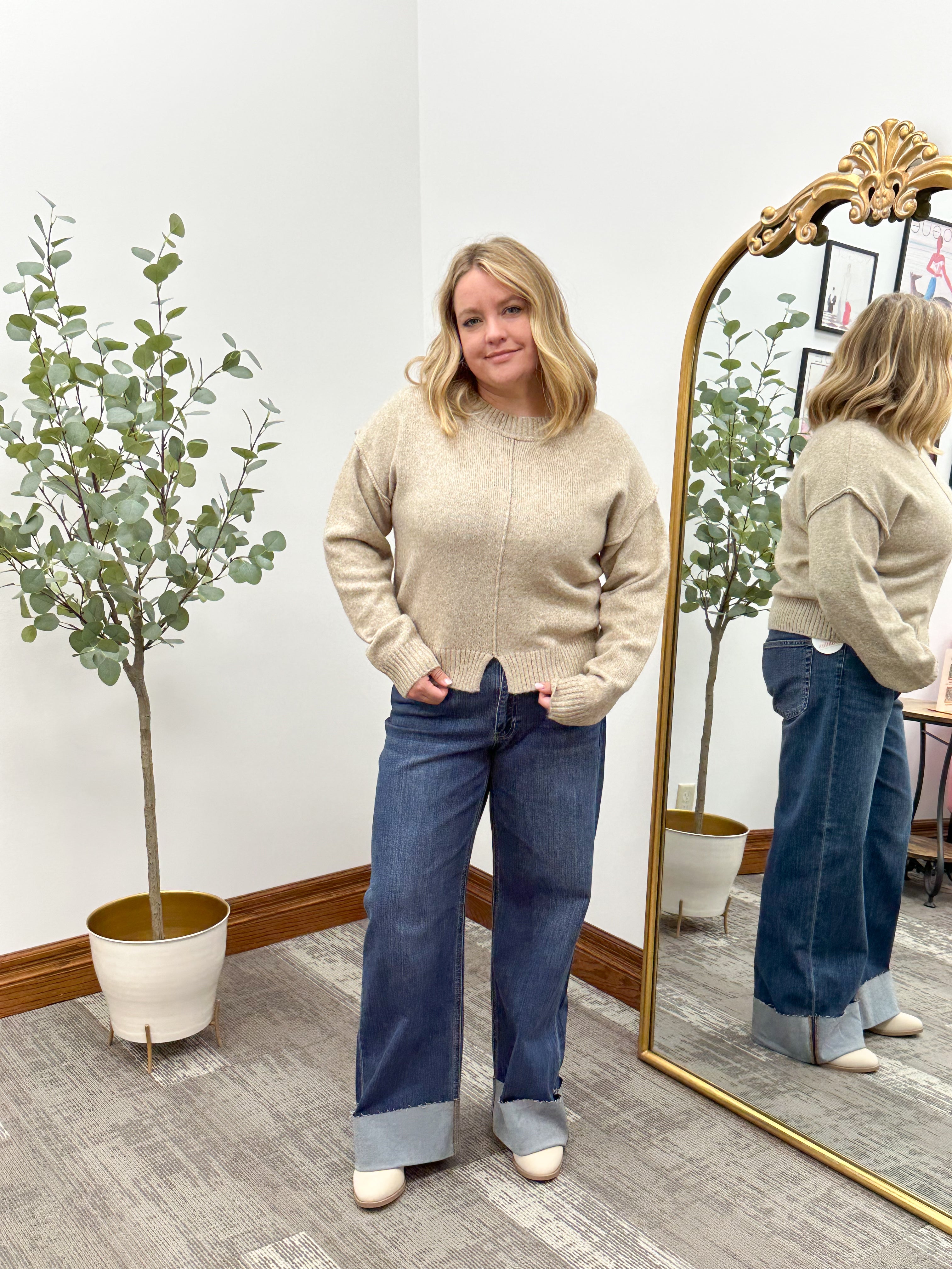 Neutral Front Split Hem Sweater