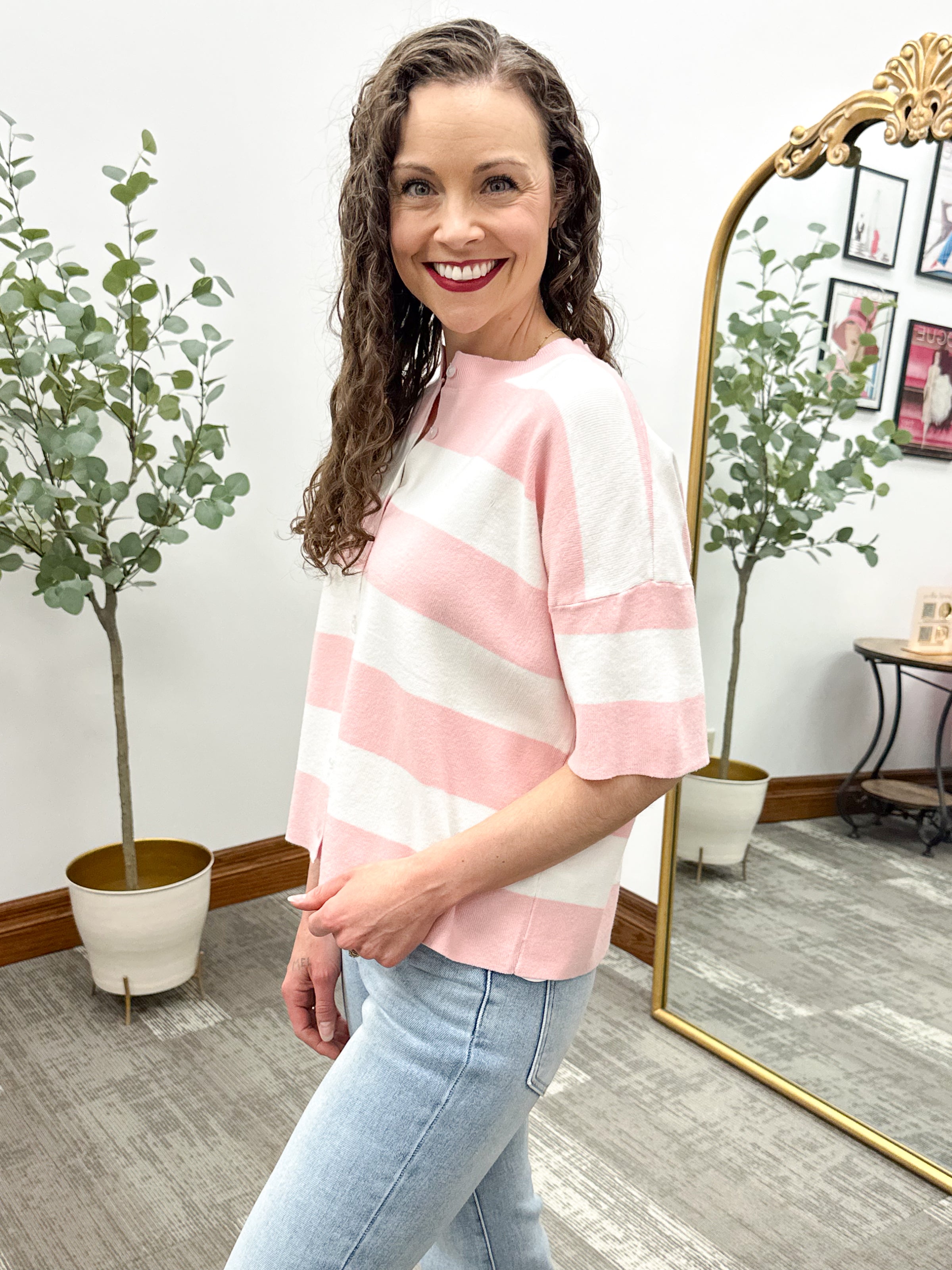 Pink Striped Short Sleeve Knit Cardigan