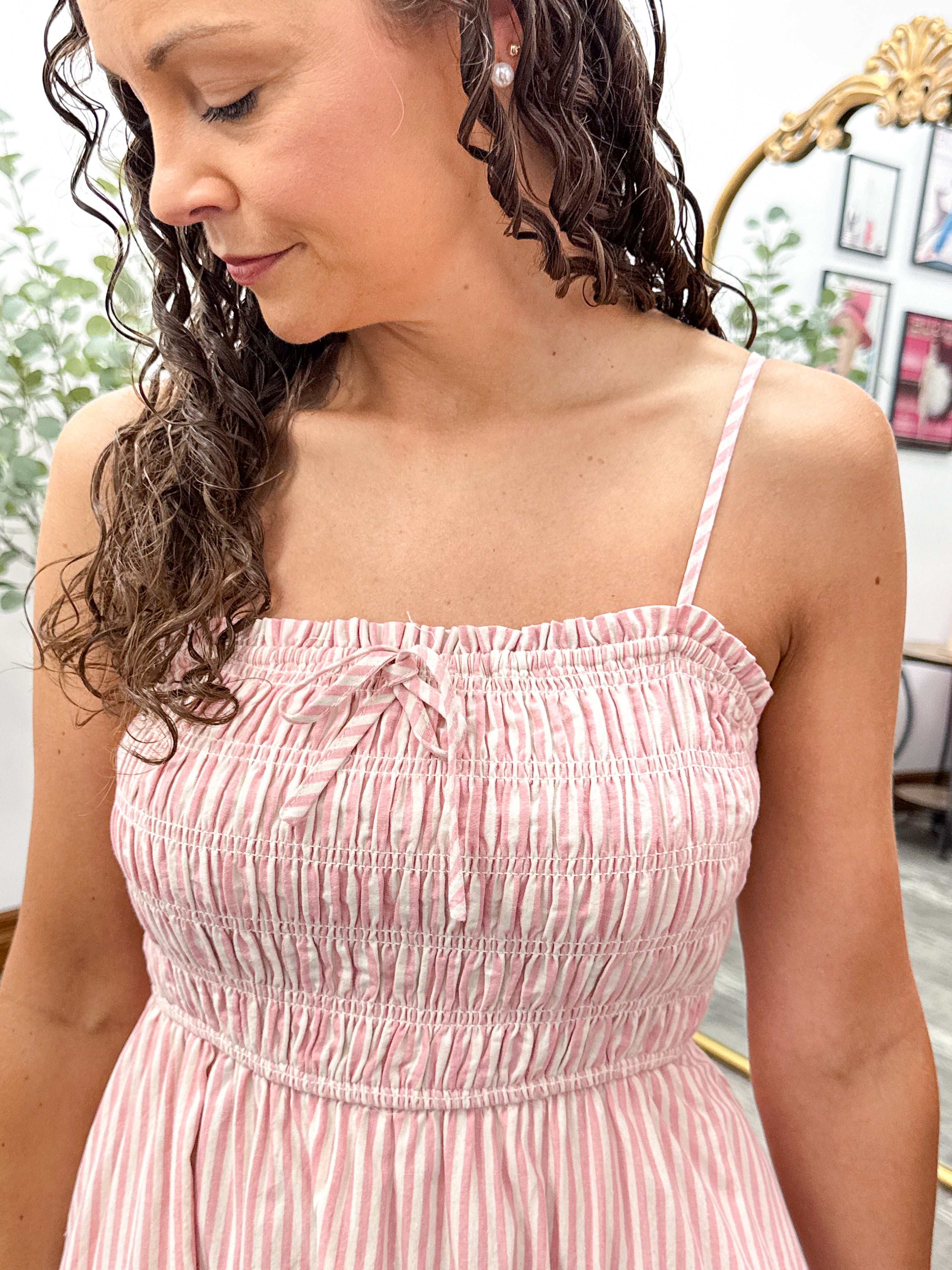 Pink & Cream Smocked Stripe Mini Dress