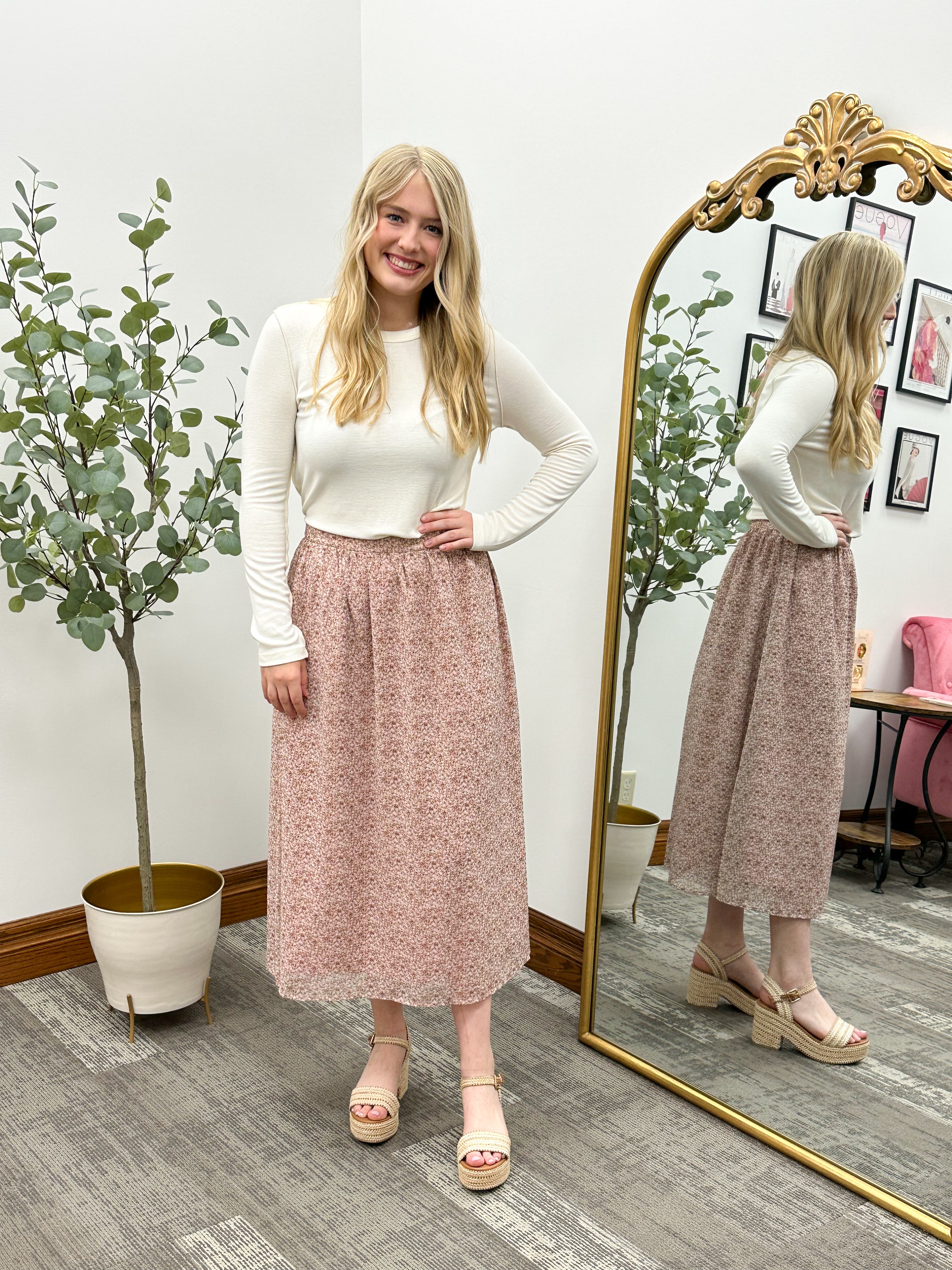 Mauve Floral Print Chiffon Midi Skirt