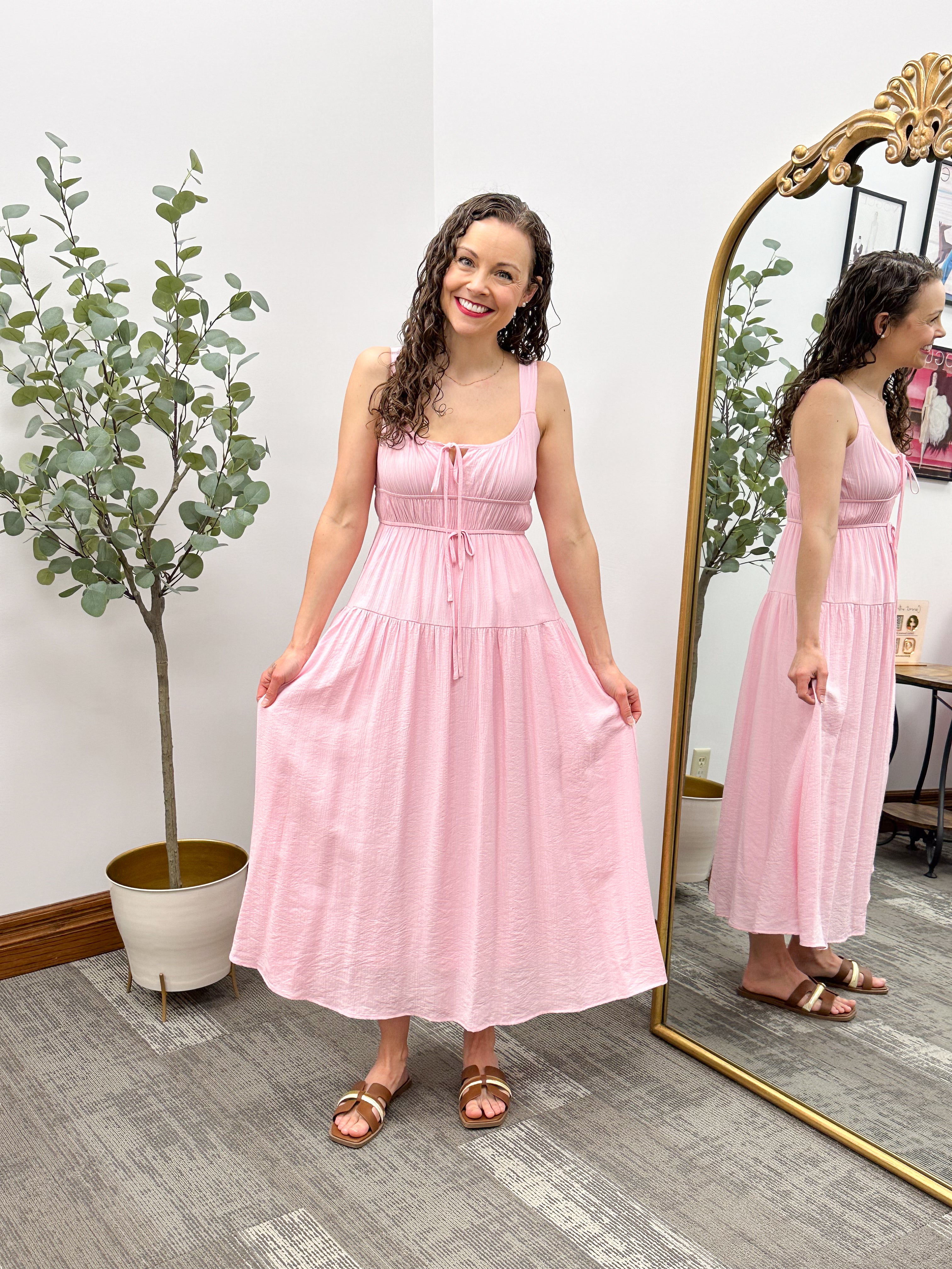 Pink Front Tie Midi Dress