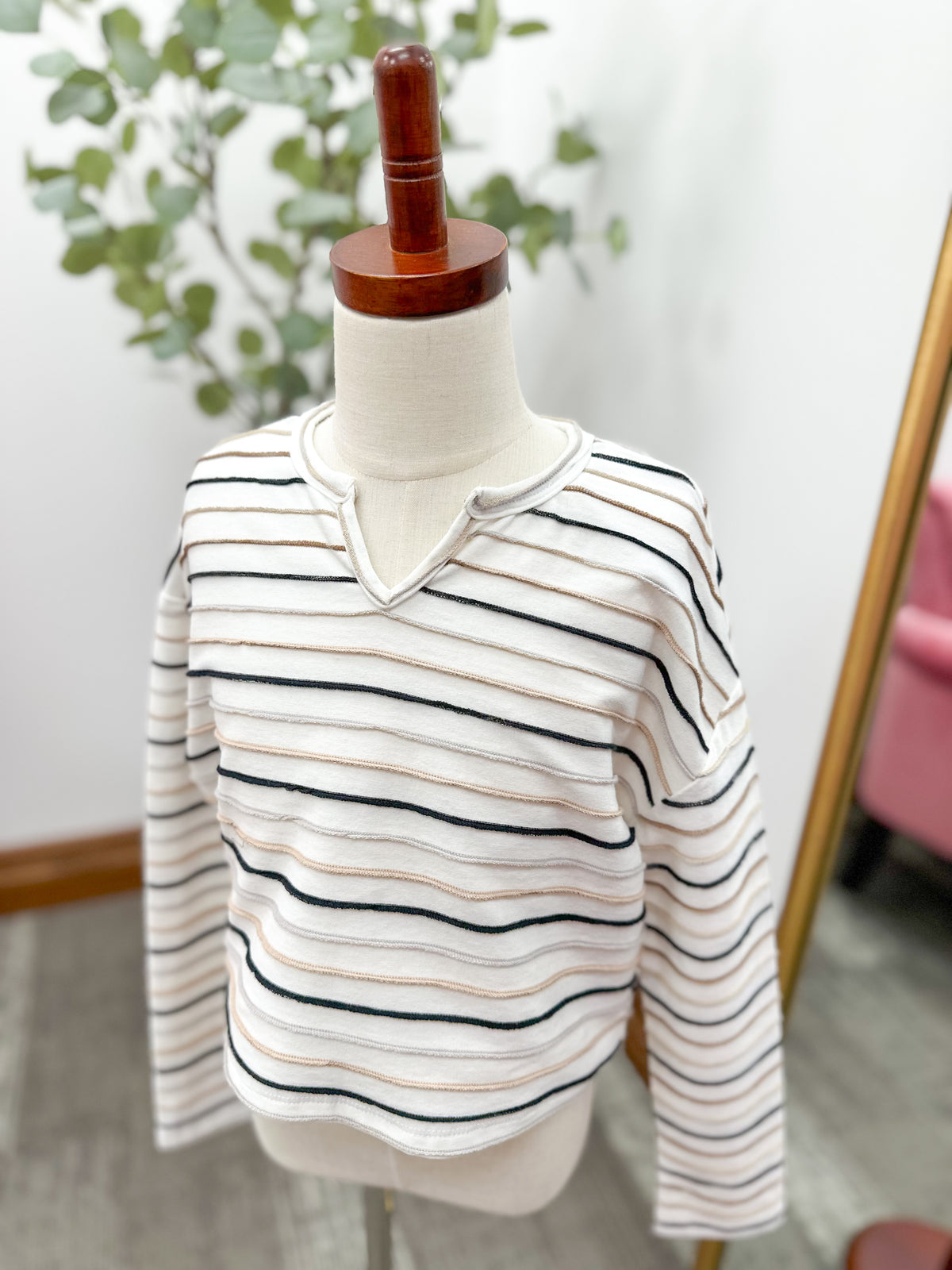 Girls Cream Striped Textured Long Sleeve Top