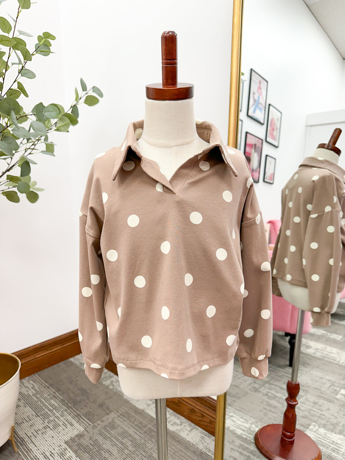 Girls Taupe & Cream Polka Dot Top