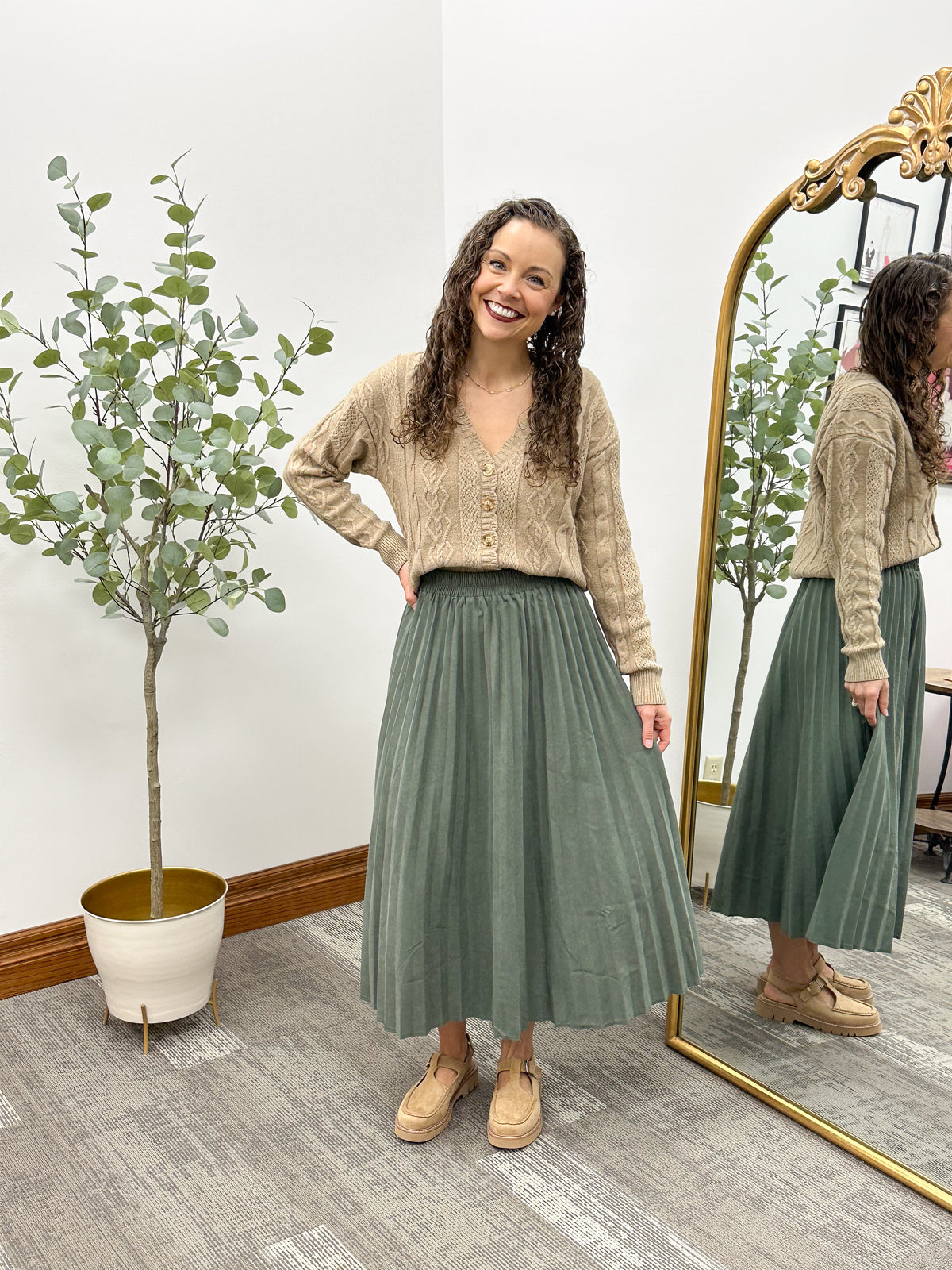Olive Faux Suede Pleated Midi Skirt
