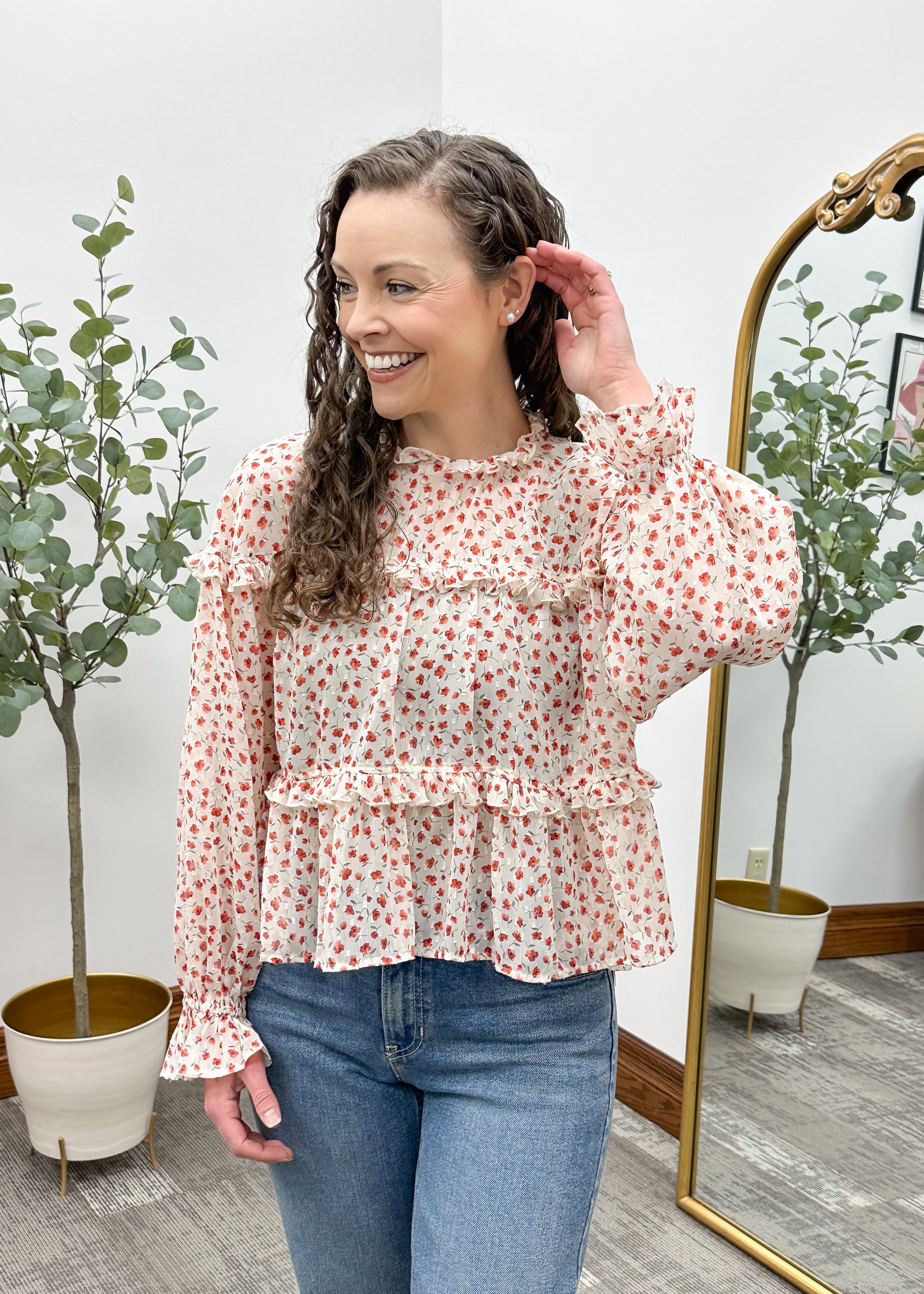 Red Floral Print Chiffon Blouse, Floral Babydoll Blouse
