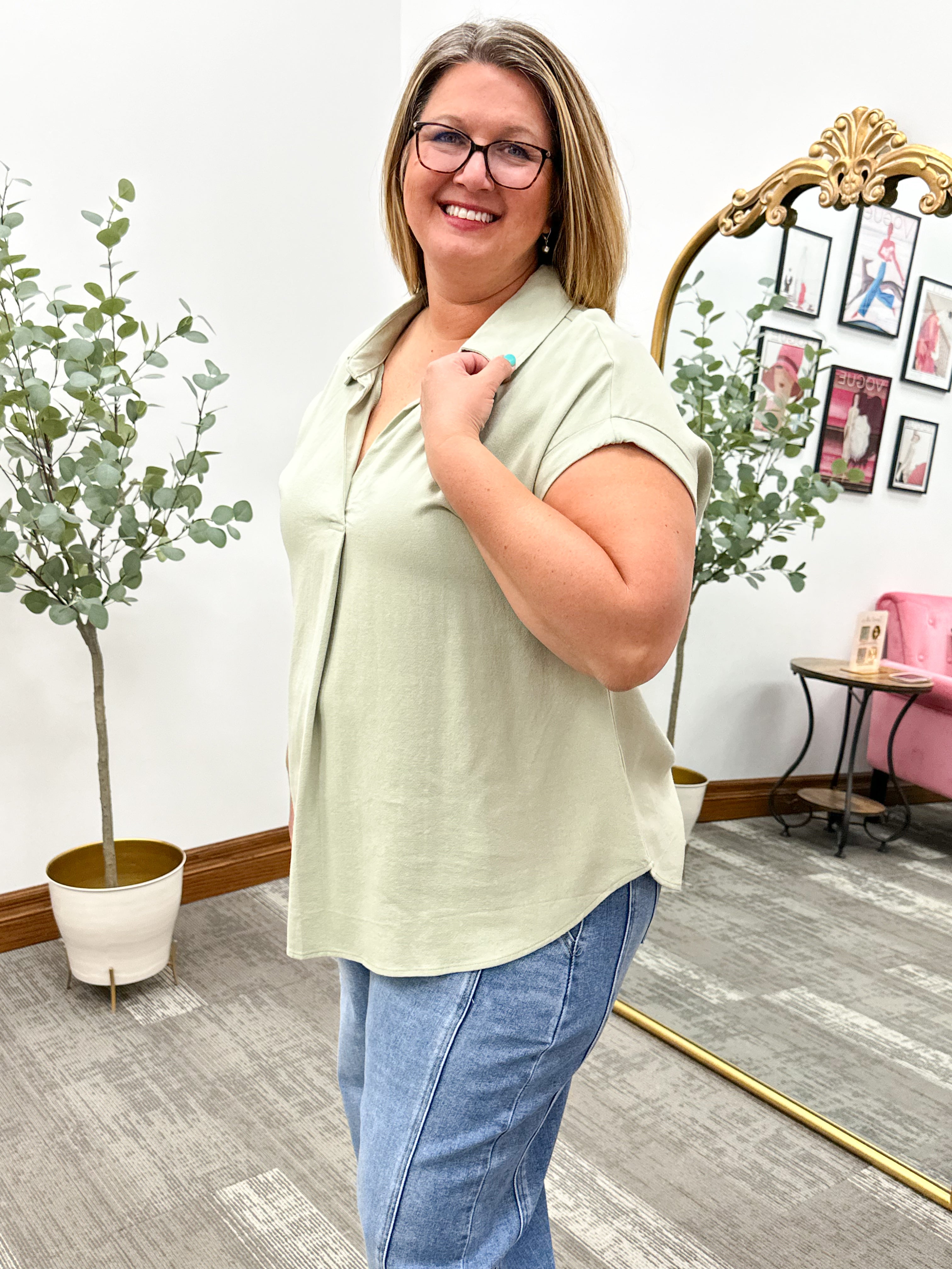 Plus size green collared top, plus size dressy top, plus size top for work, cute plus size top
