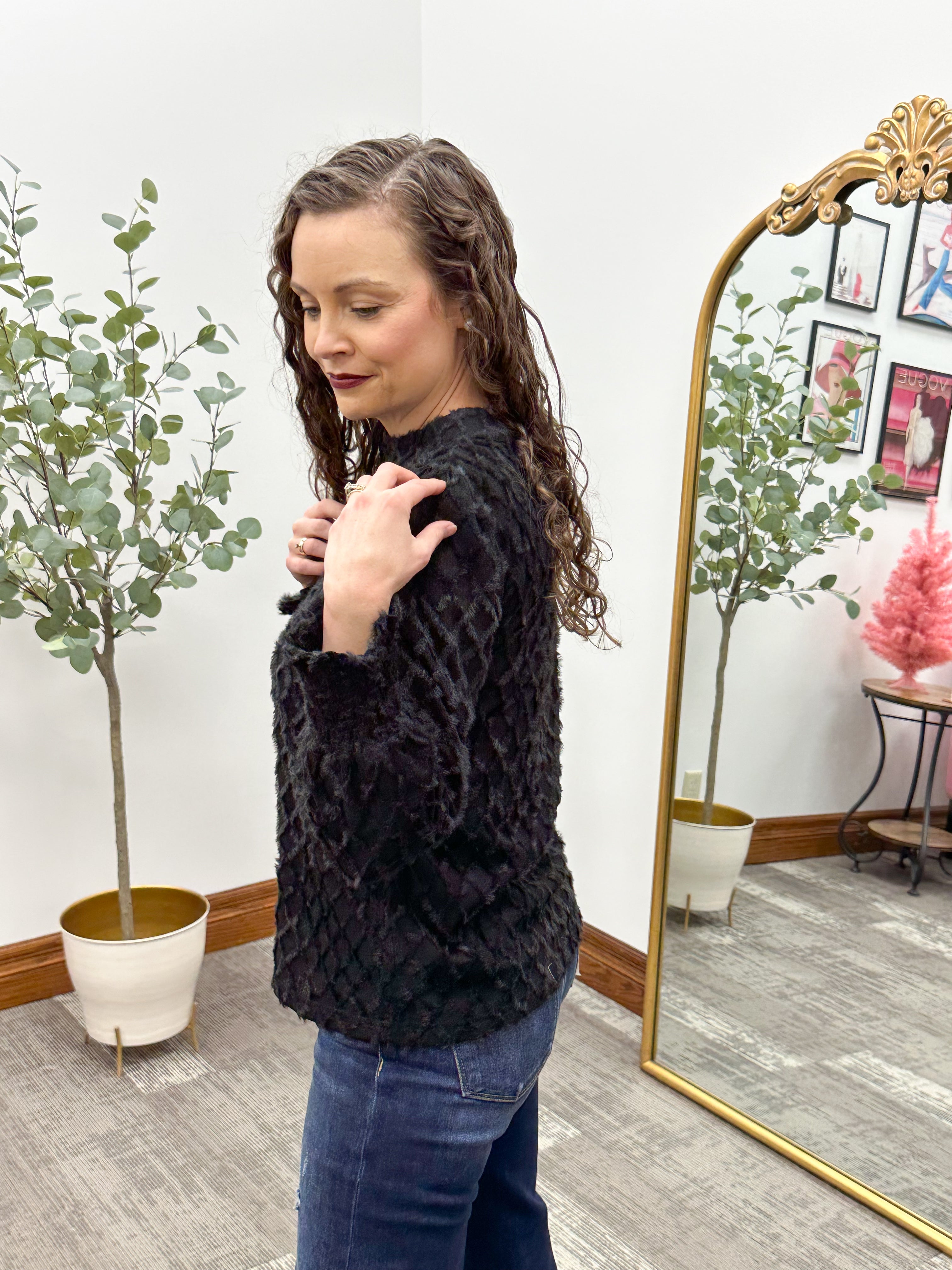 Black Fuzzy Grid Mock Neck Top