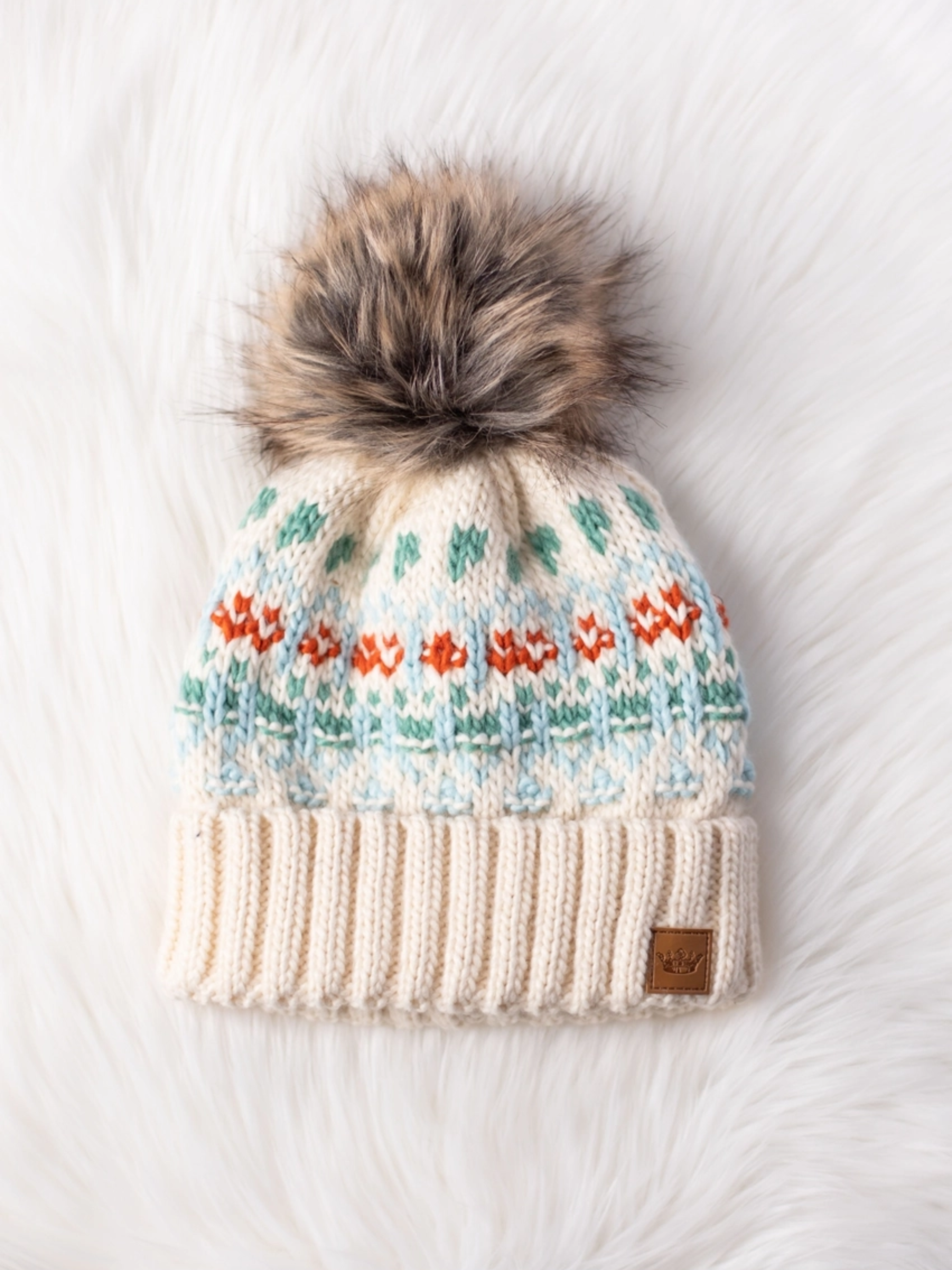 Ivory, Blue, Mint & Orange Pom Winter Hat