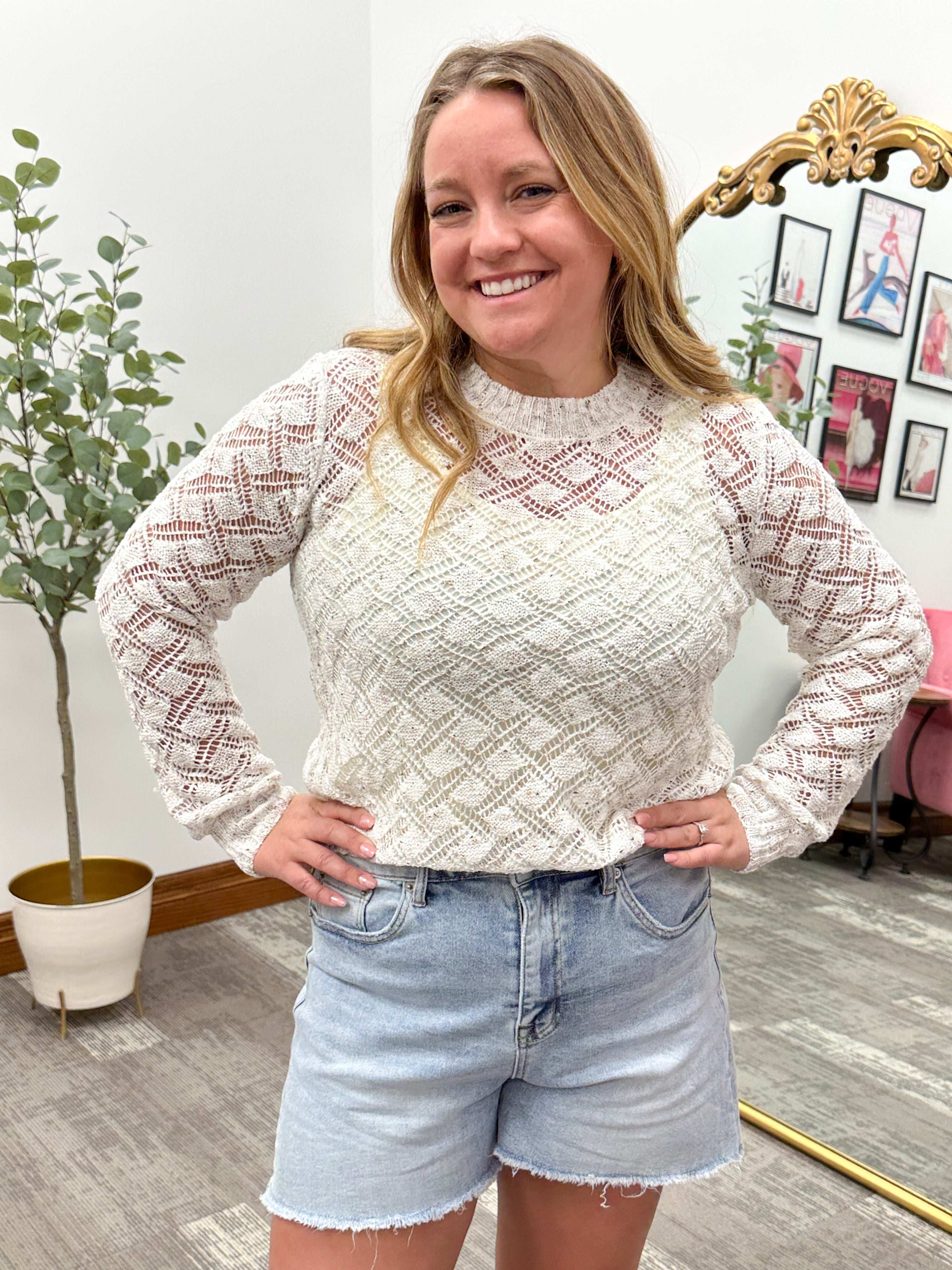Cream speckled open knit lightweight spring sweater and summer sweater