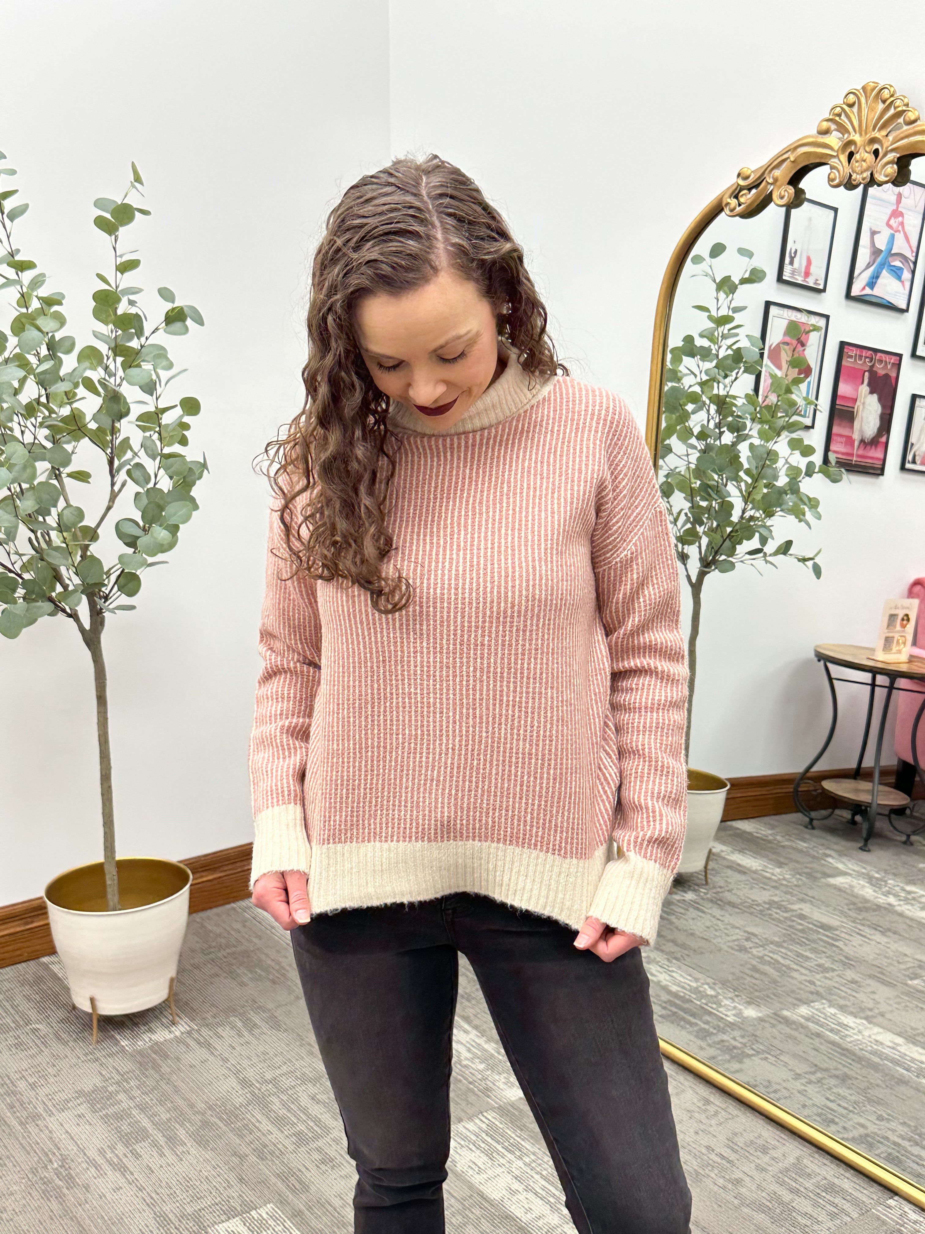 Mauve Striped Turtleneck Sweater