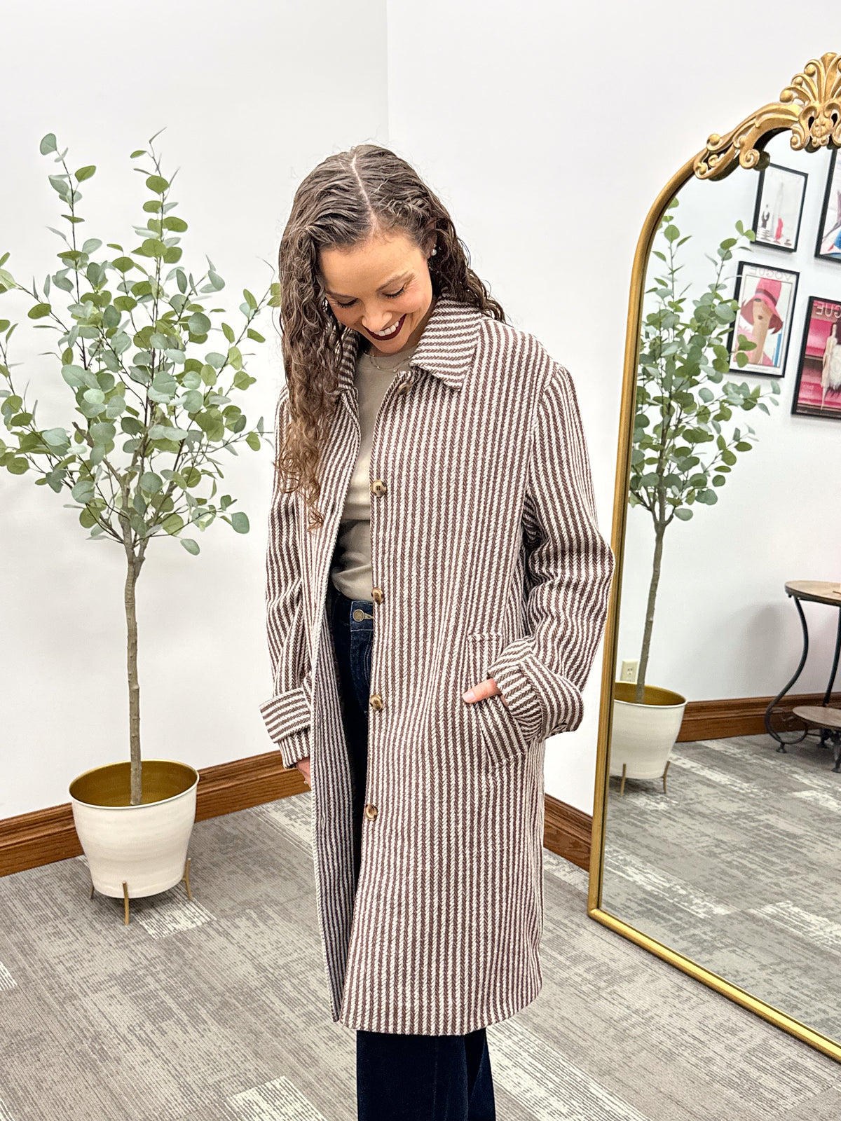 Brown striped trench coat, brown long coat