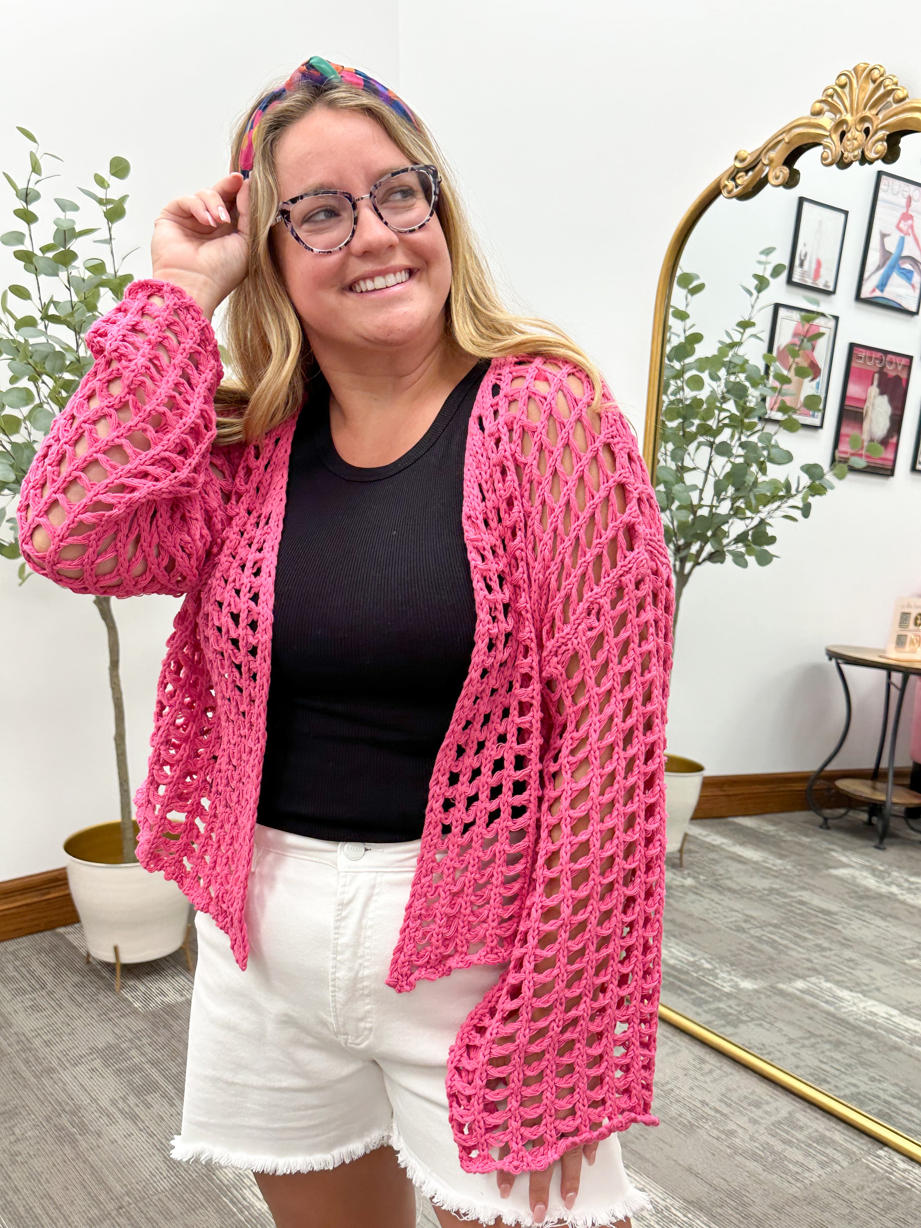 Pink Open Knit Cropped Cardigan