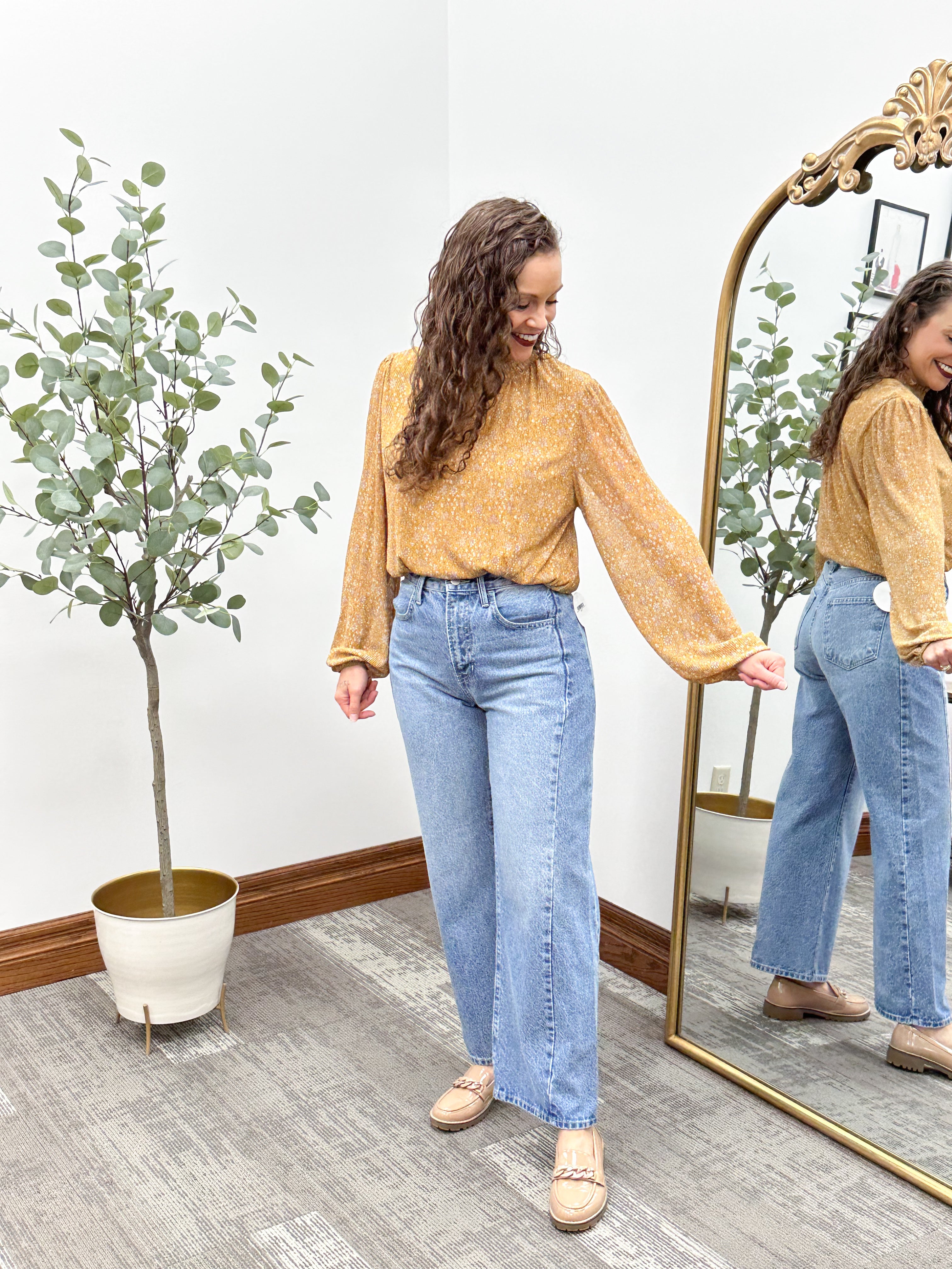 Floral Mustard Pleated Blouse