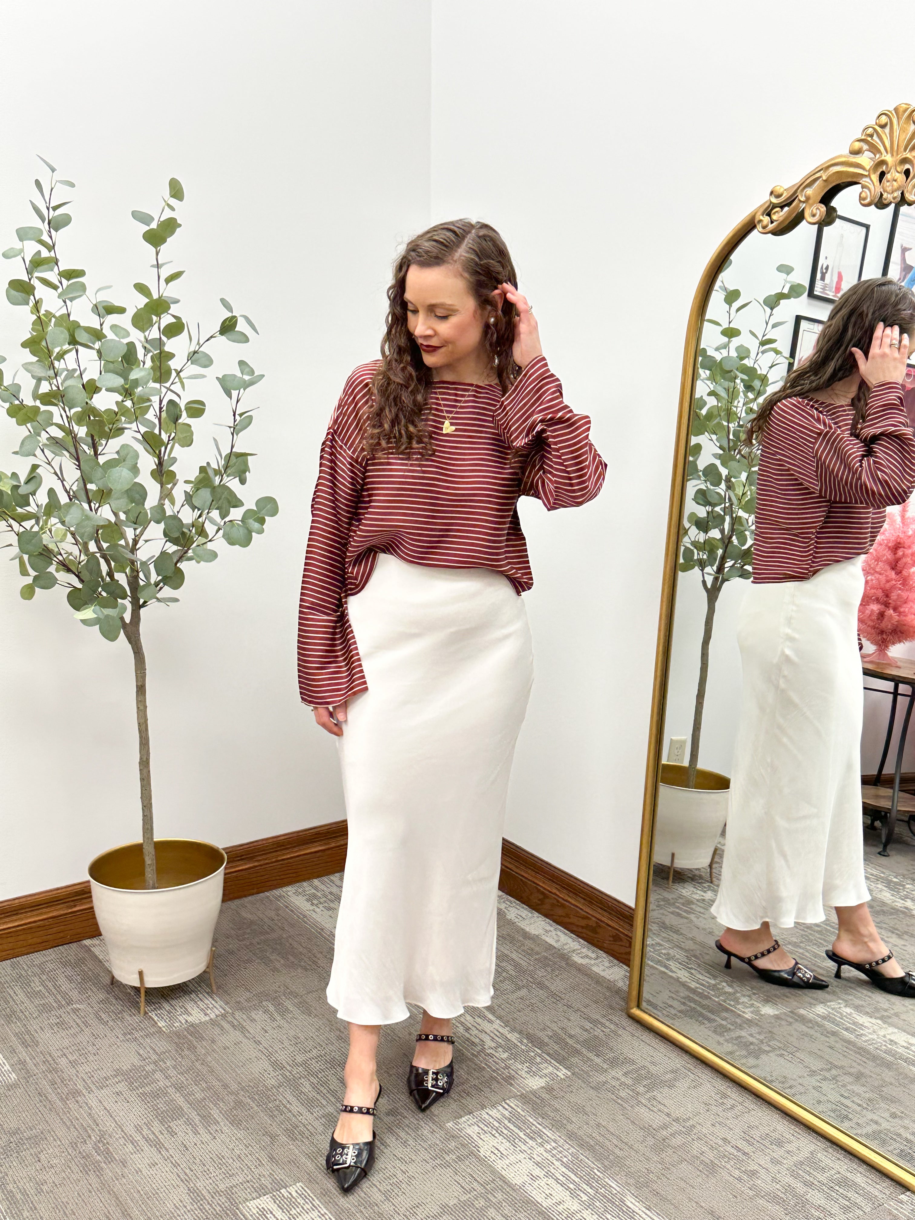 Burgundy & Cream Striped Cropped Blouse