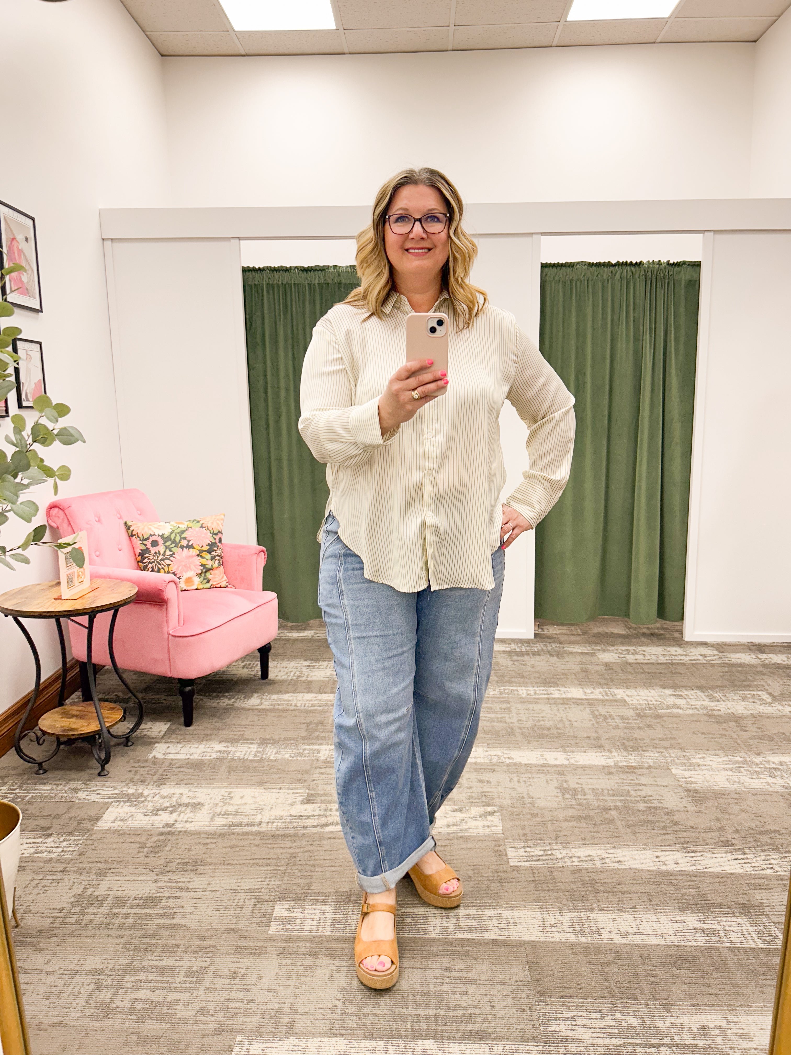 Olive Striped Button Up Satin Blouse
