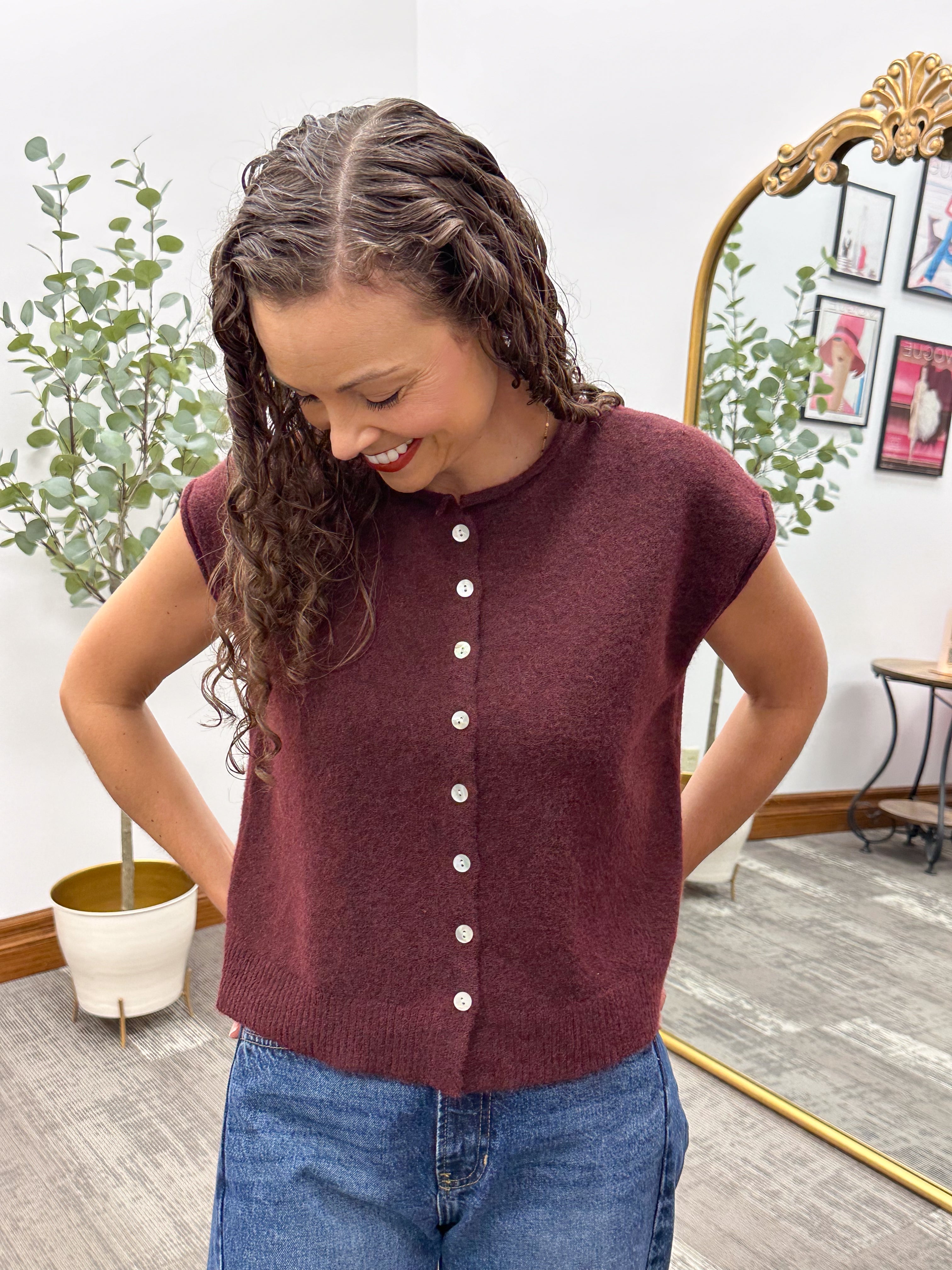 Maroon Lightweight Sleeveless Button Cardigan