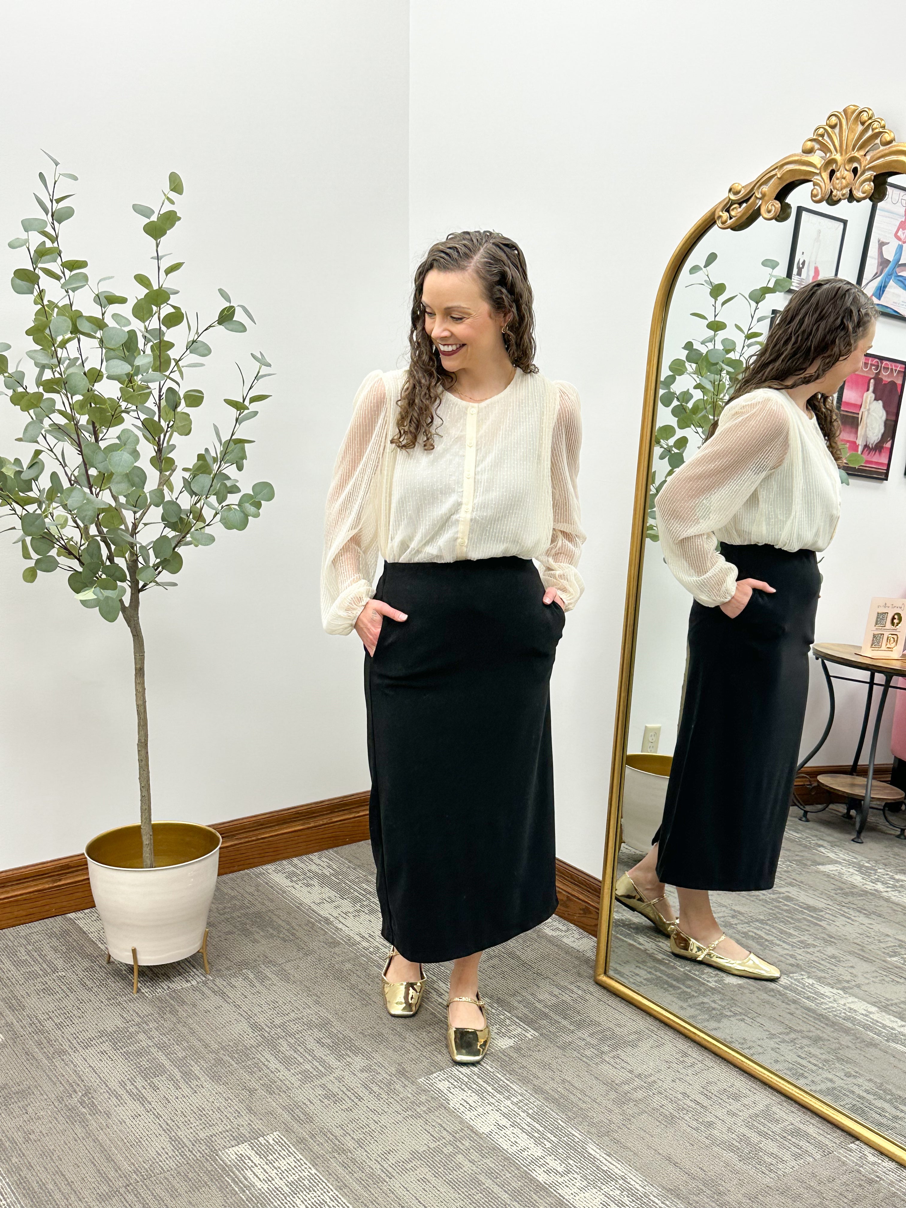 Black Ribbed Brushed Midi Skirt