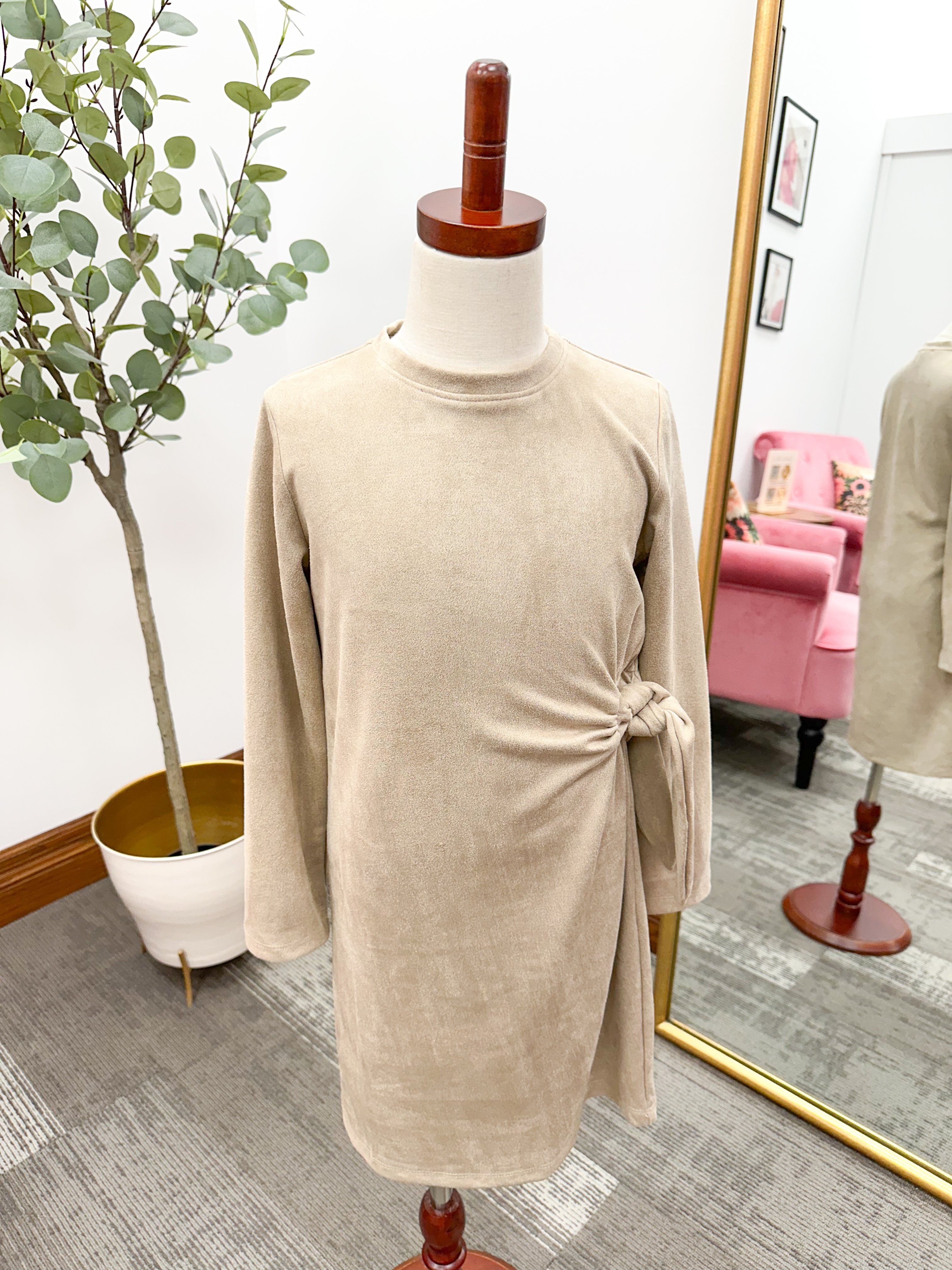 Girls Taupe Suede Tie Dress