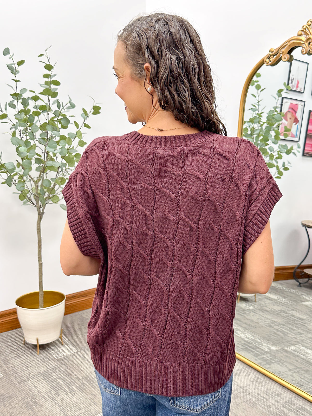 Maroon Cable Knit Short Sleeve Sweater