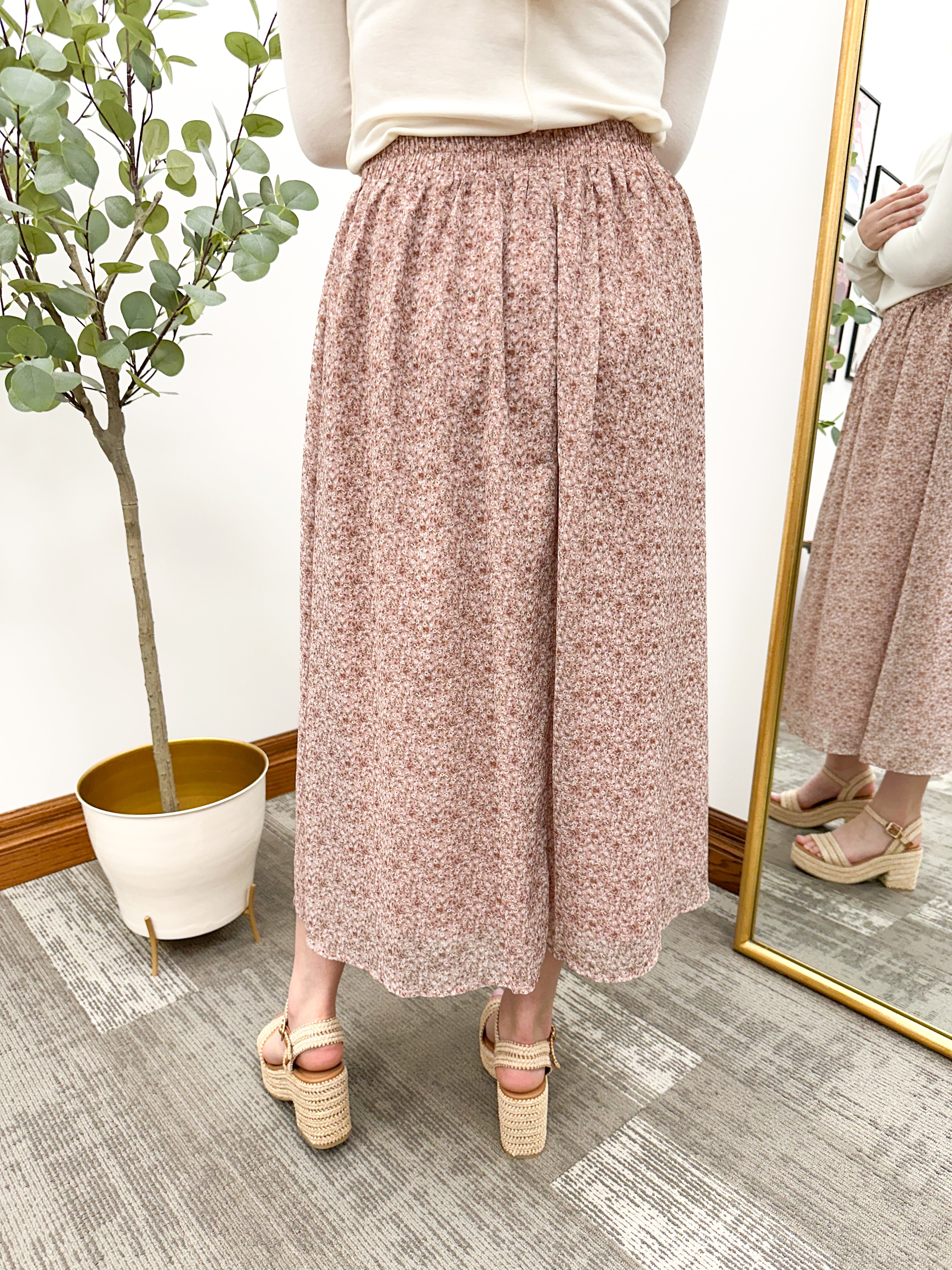 Mauve Floral Print Chiffon Midi Skirt