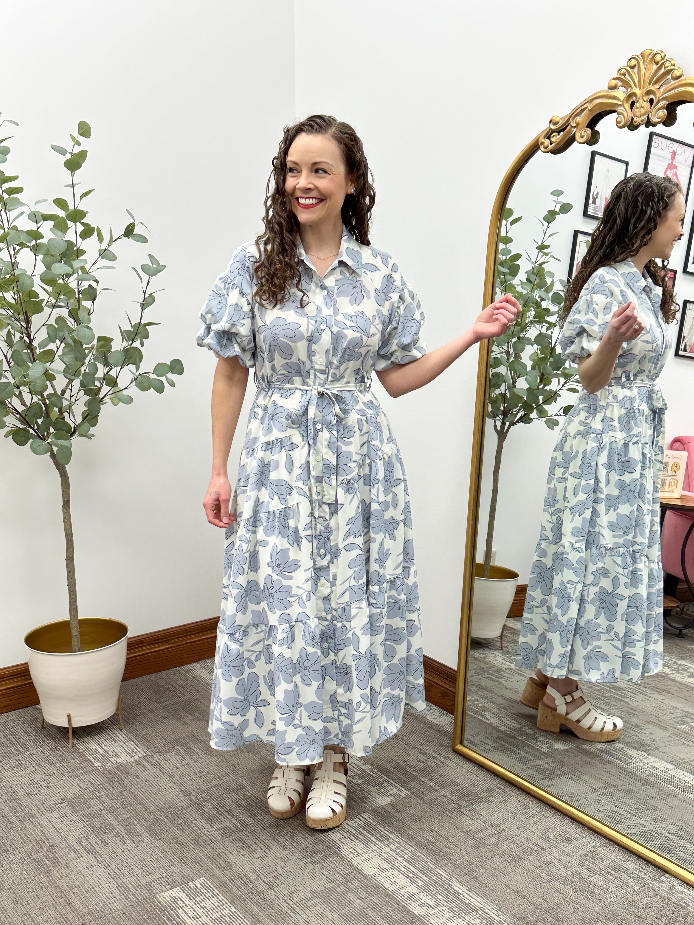 Cream & Blue Floral Maxi Dress