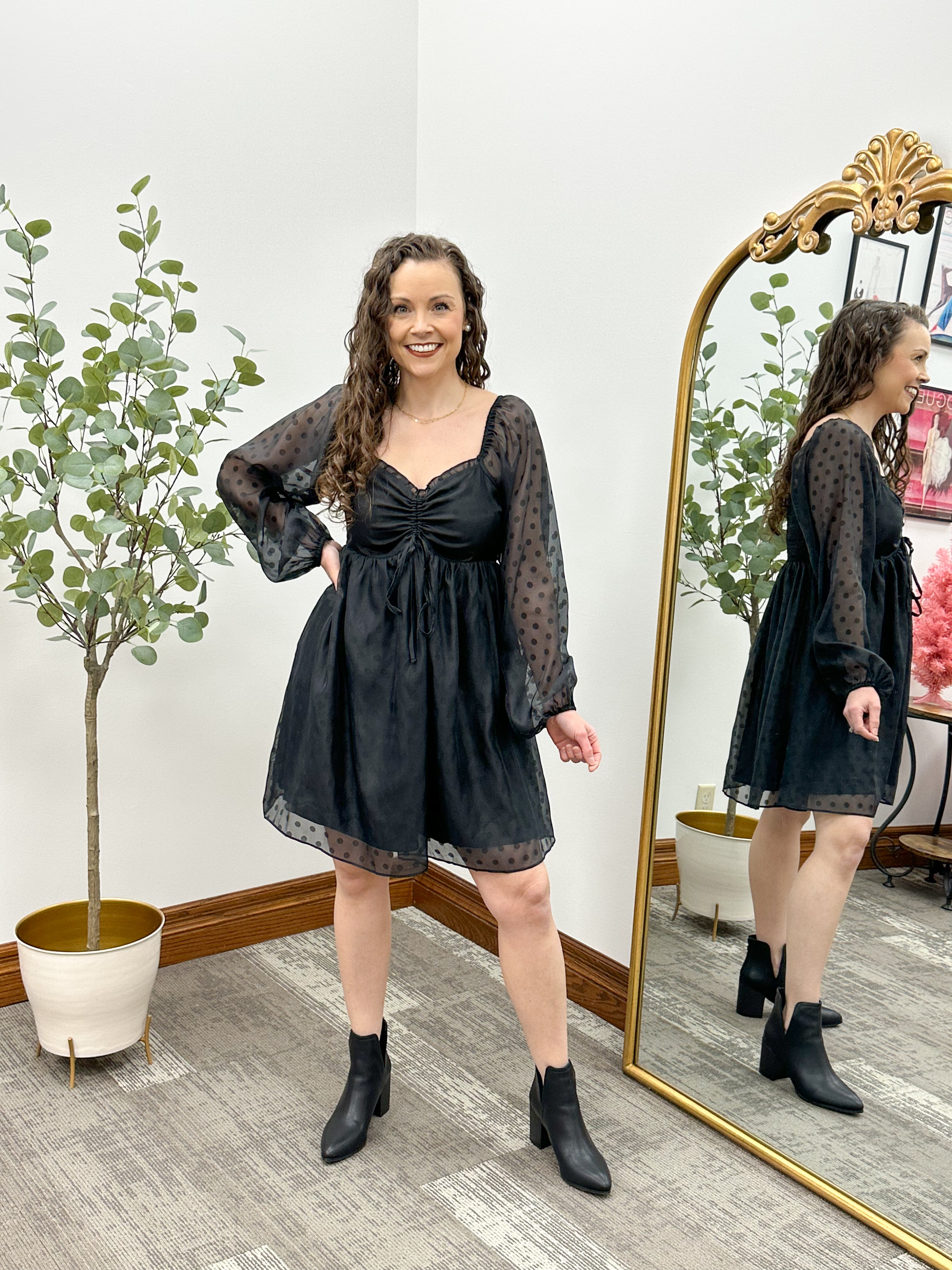 Black Polka Dot Long Sleeve Dress