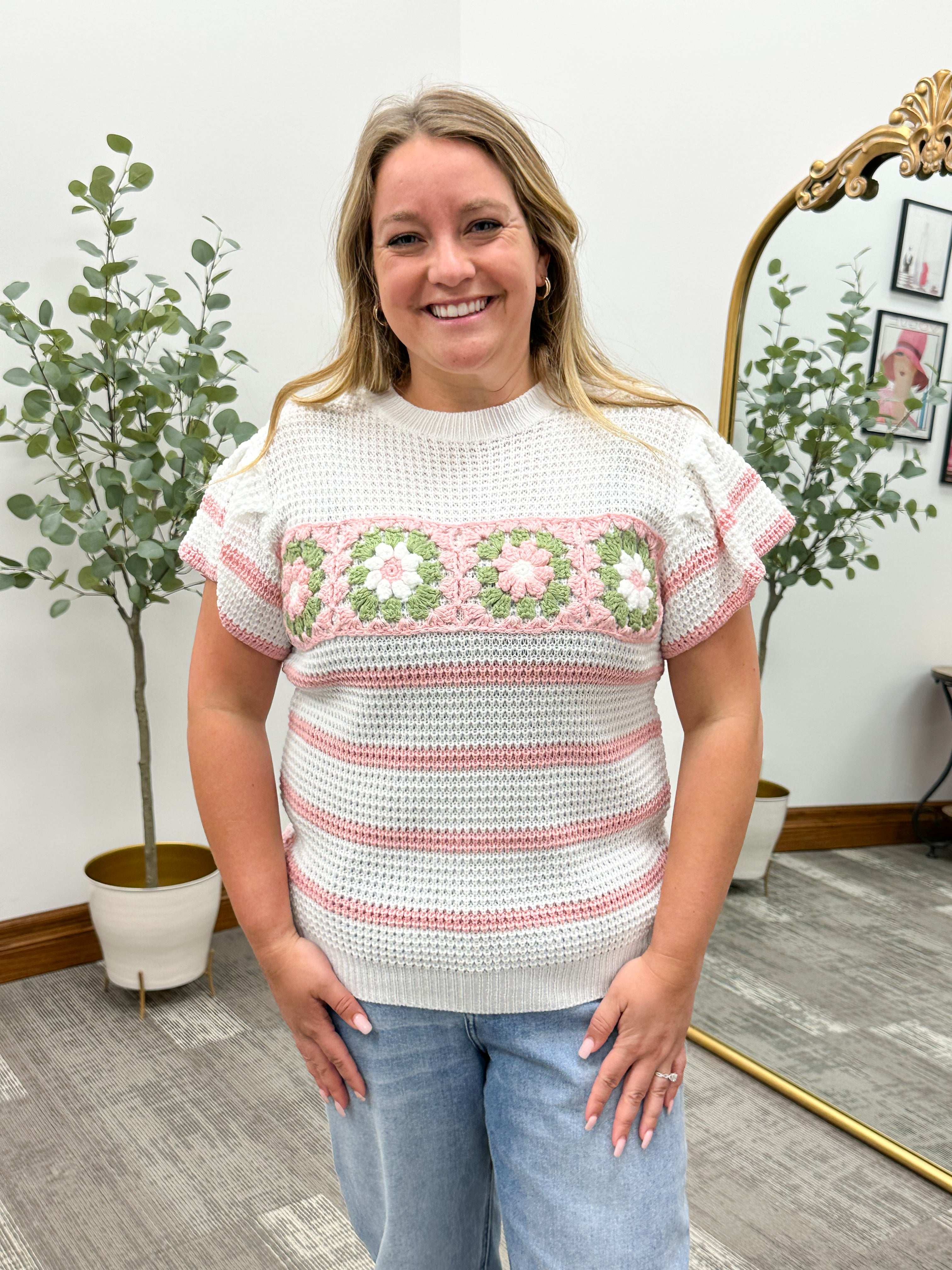 Kara Granny Square Striped Knit Top