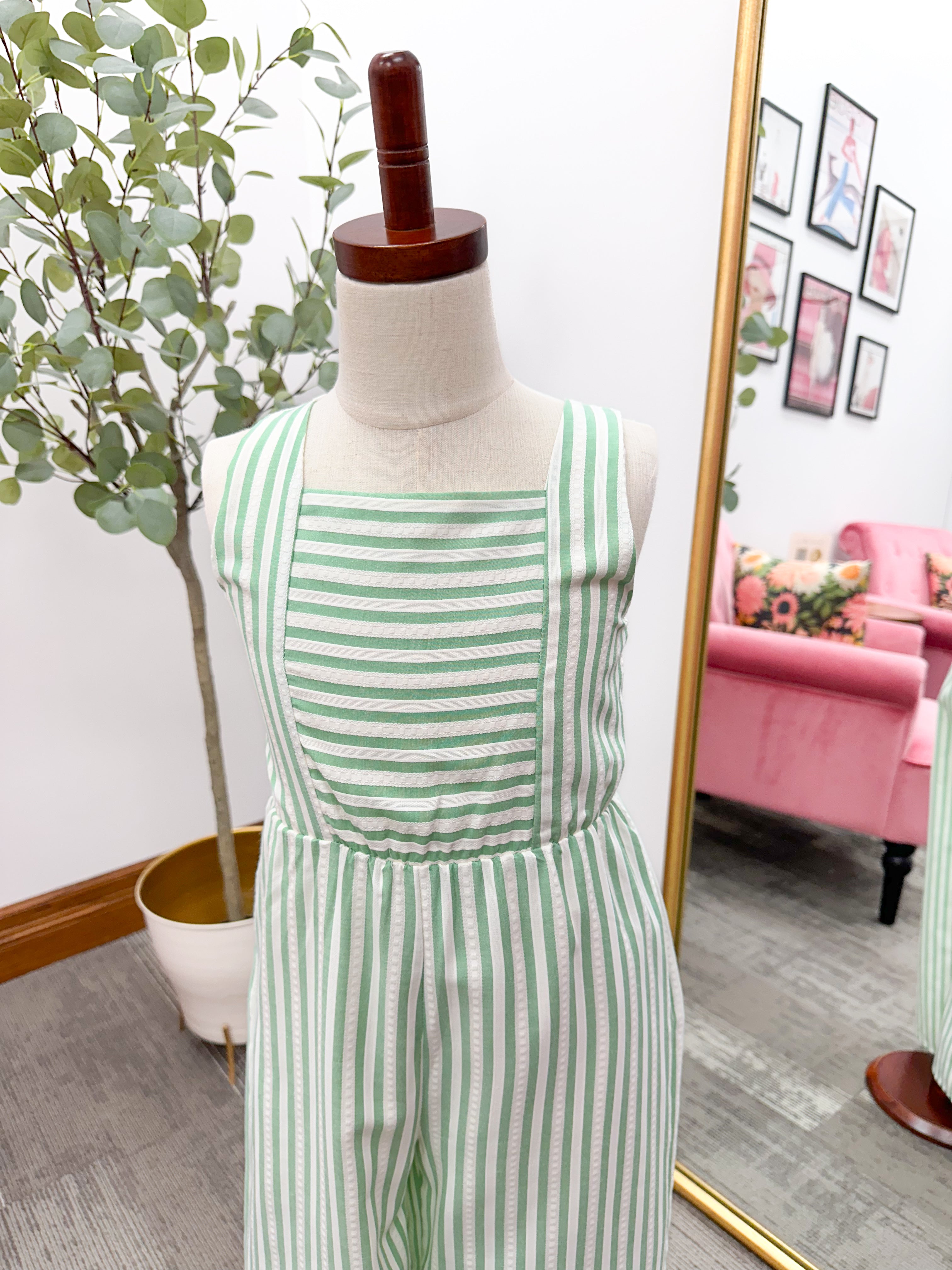 Girls Green Striped Jumpsuit