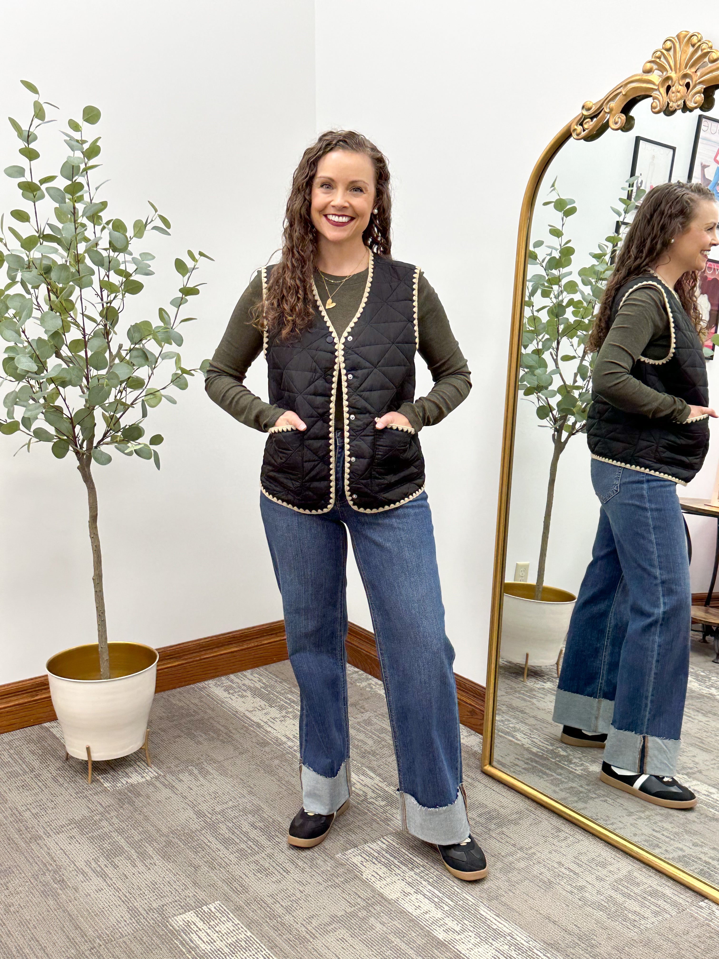 Wide Leg Dark Wash Cuffed Jeans
