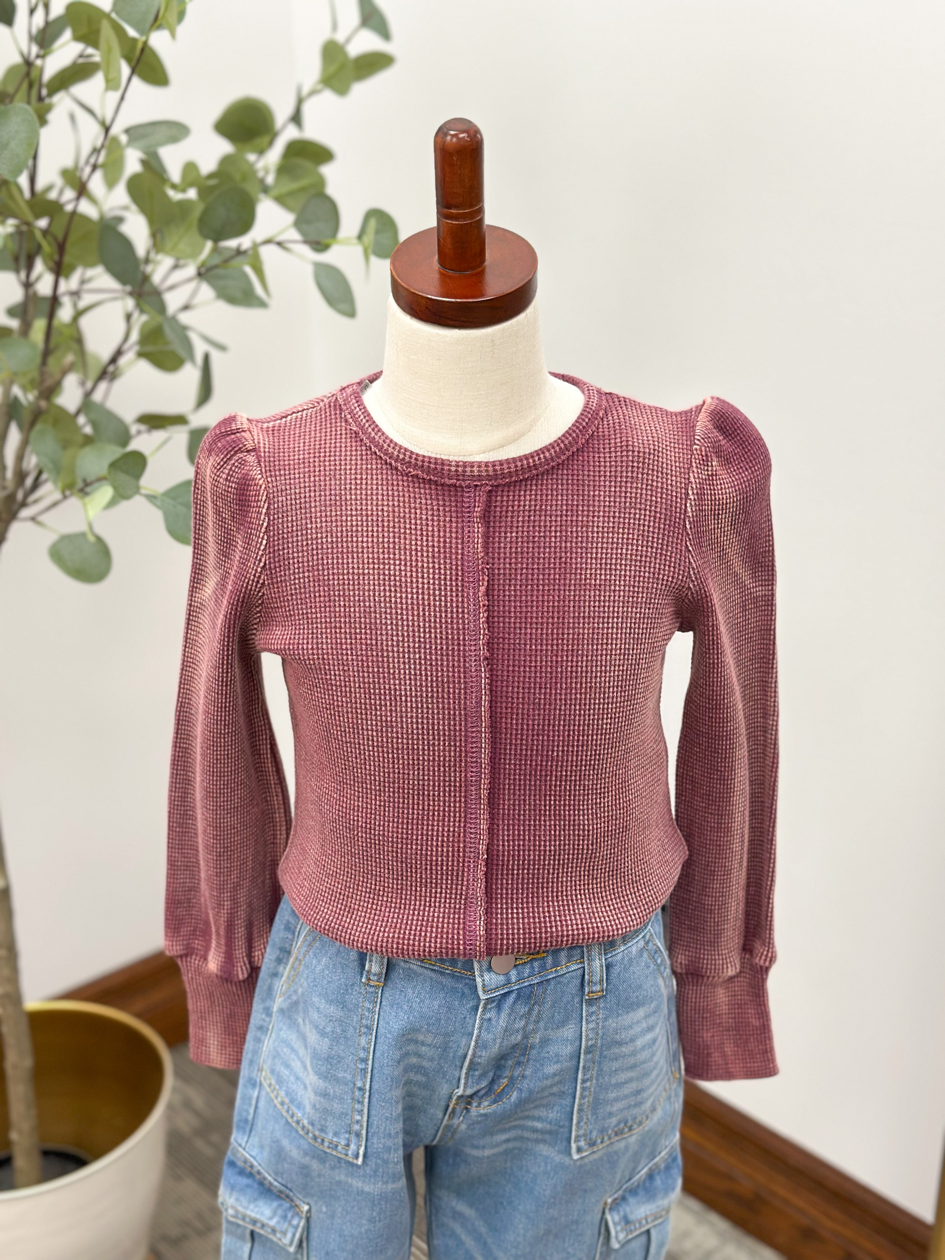 Girls Washed Plum Waffle Knit Top