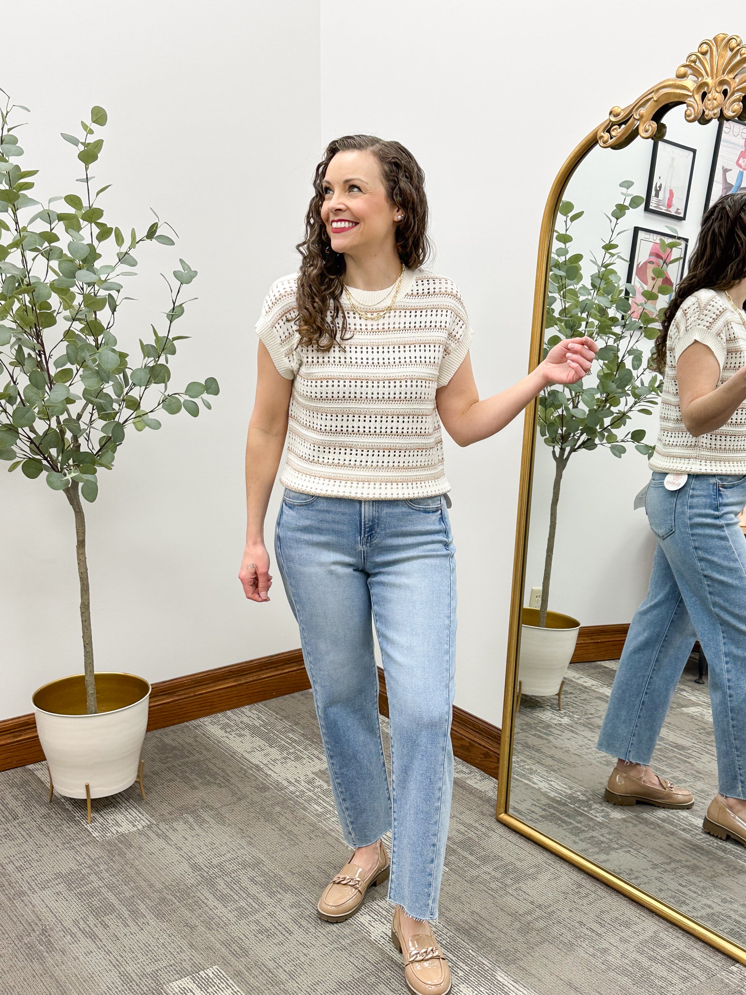 Neutral Open Knit Short Sleeve Sweater