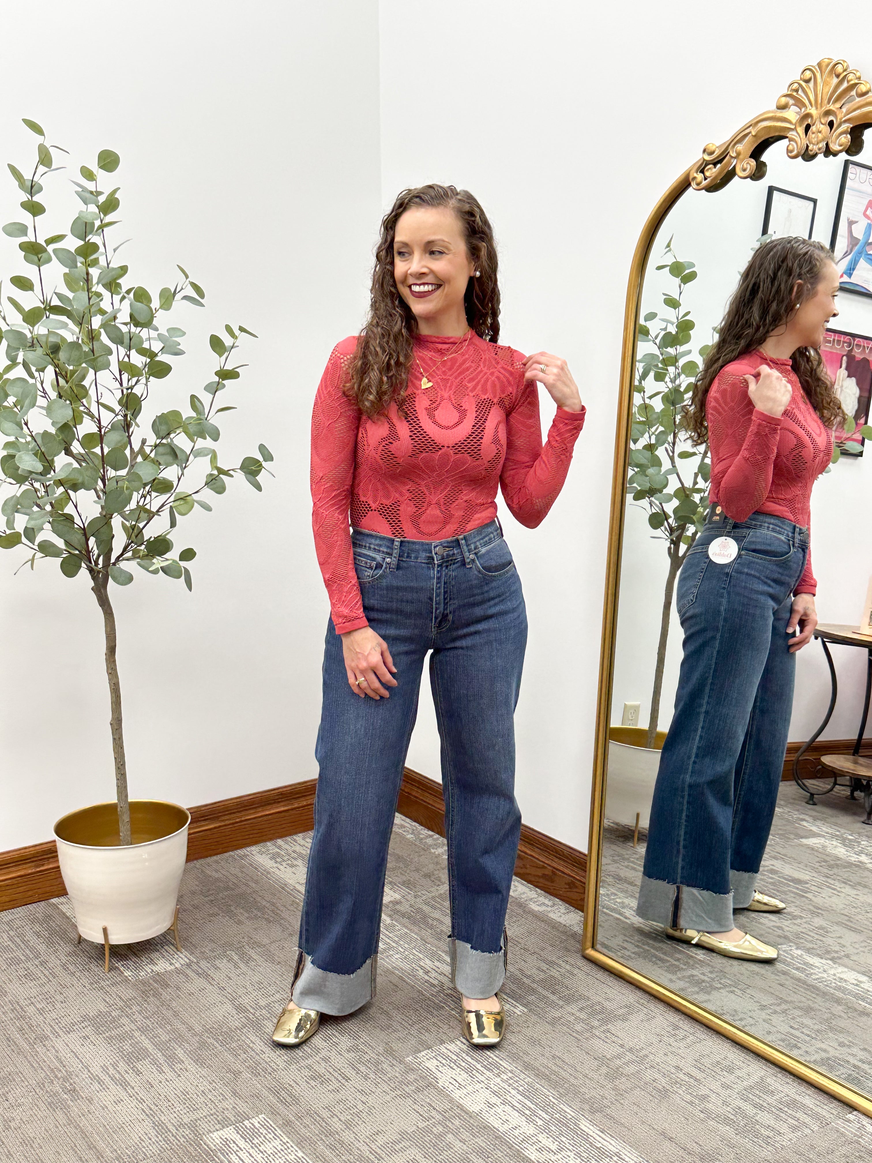 Seamless Floral Mesh Mock Neck Long Sleeve Top