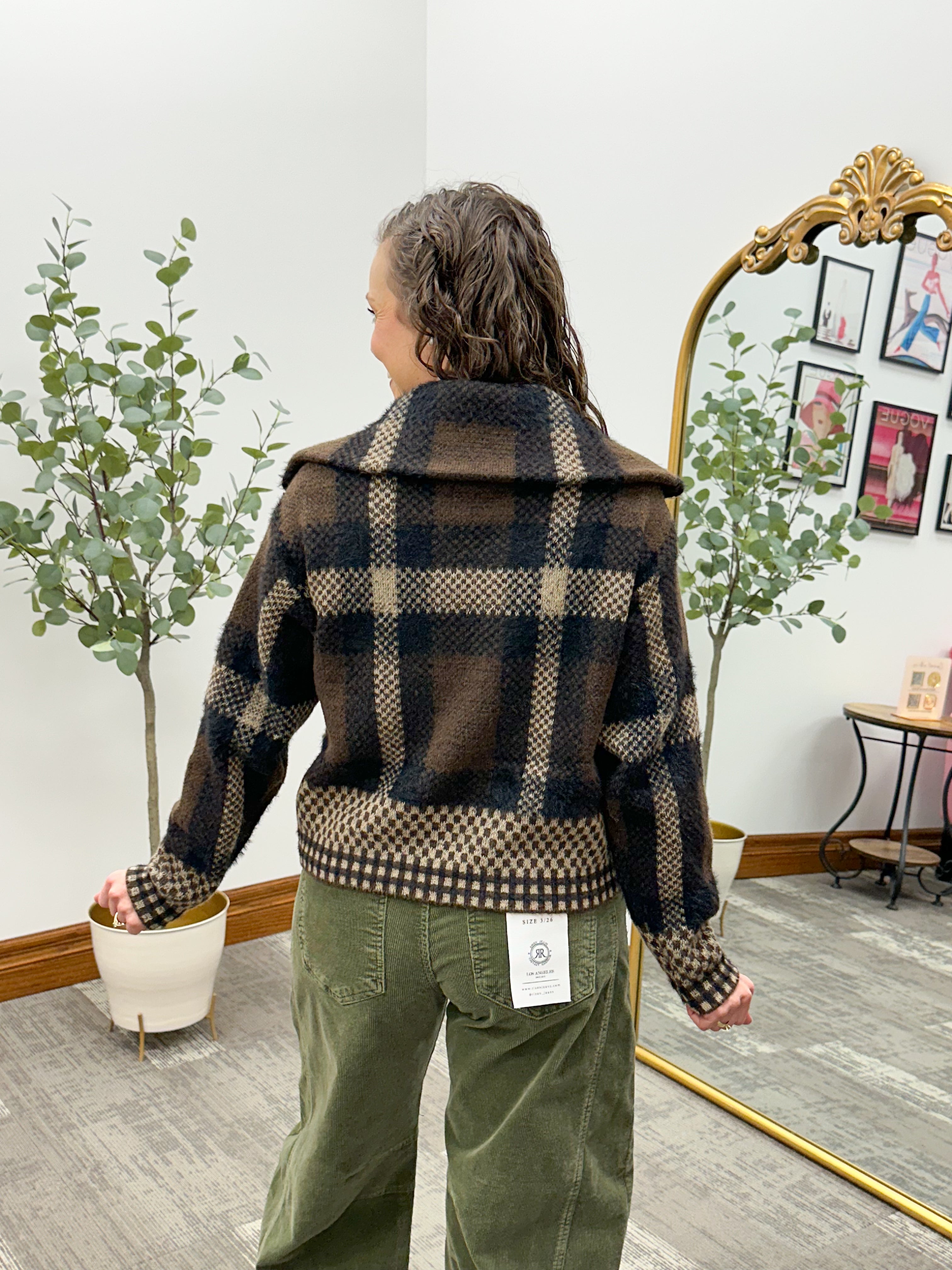 Brown Plaid Zip Up Cardigan